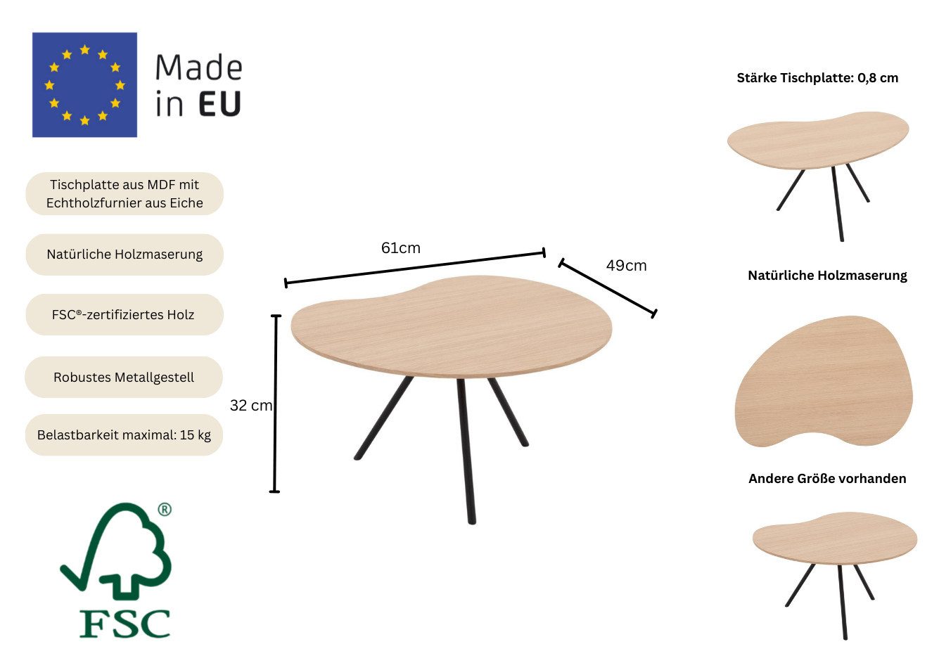 Home affaire Couchtisch Arendal, Tisch, Satztisch, Kaffeetisch, Sofatisch (1-St), Tischplatte mit Echtholzfurnier aus Eiche, Gestell aus Metall, FSC®