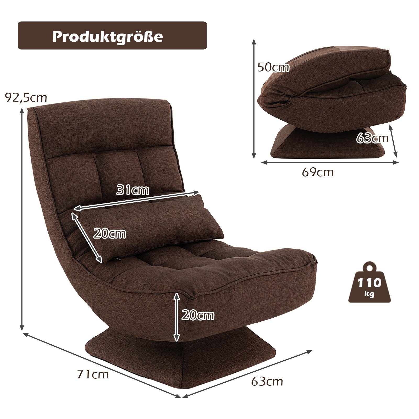 COSTWAY Relaxsessel 360° drehbar Gamingstuhl Bodensessel, verstellbar, klappbar mit Kissen – Bild 5 von 5