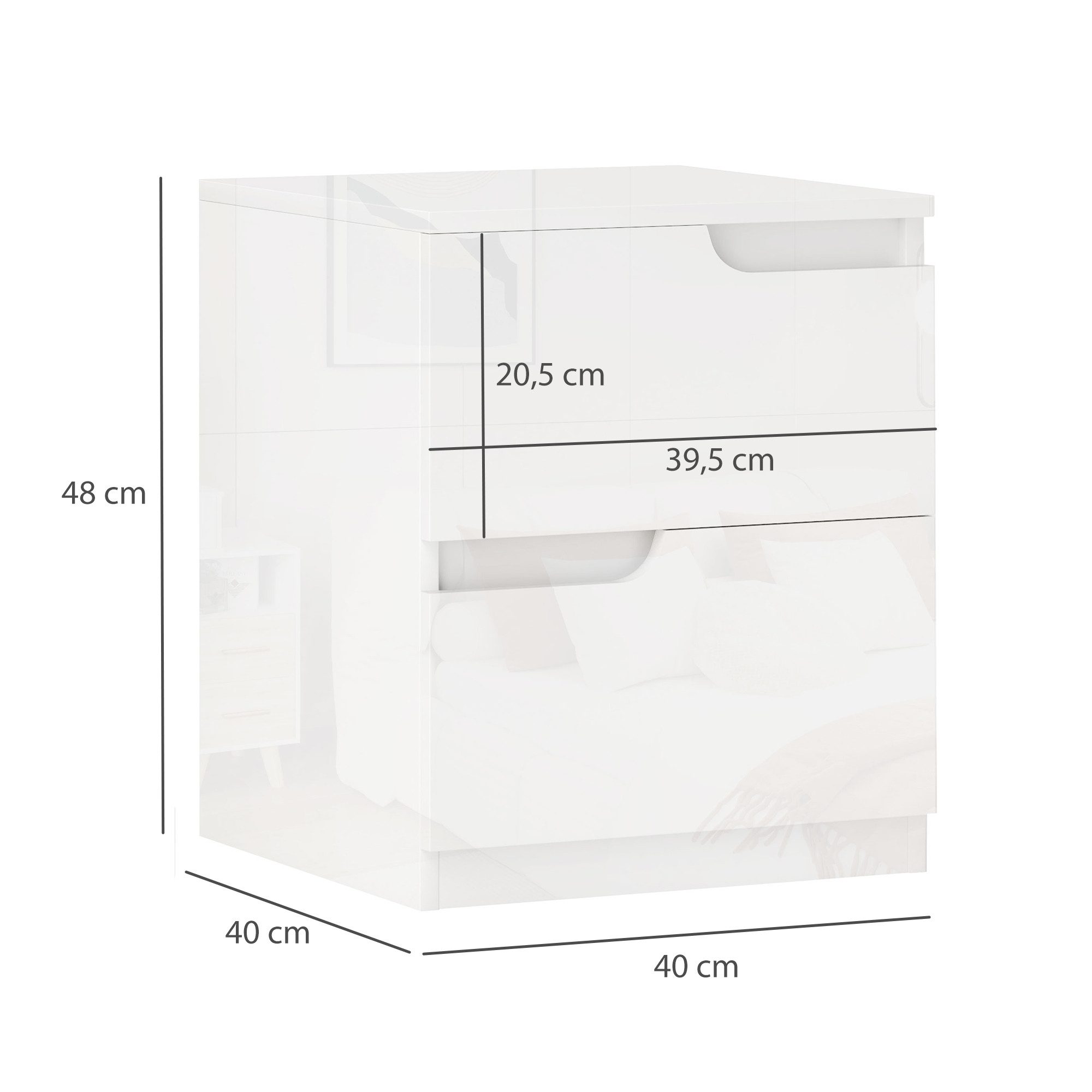 HOMCOM Nachttisch mit 2 Schubladen (Nachtschrank, 1-St., Beistelltisch), für Wohnzimmer, Schlafzimmer, 40 x 40 x 45 cm, Hochglanzweiß