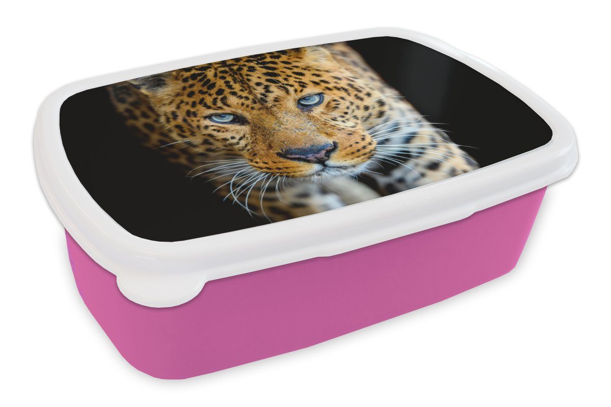 MuchoWow Lunchbox Leopard - Tiere - Porträt - Wildtiere - Schwarz, Kunststoff, (2-tlg), Brotbox für Erwachsene, Brotdose Kinder, Snackbox, Mädchen, Kunststoff rosa