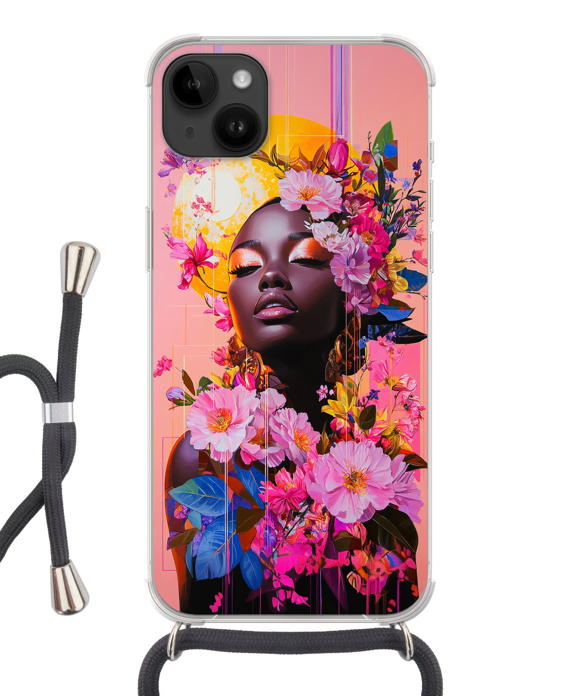 MuchoWow Handyhülle für Apple iPhone 14 Max Bunt - Blumen - Frau - Sonne, Tragbare Handyhüllen mit Kette zum umhängen, Handykette Handyband