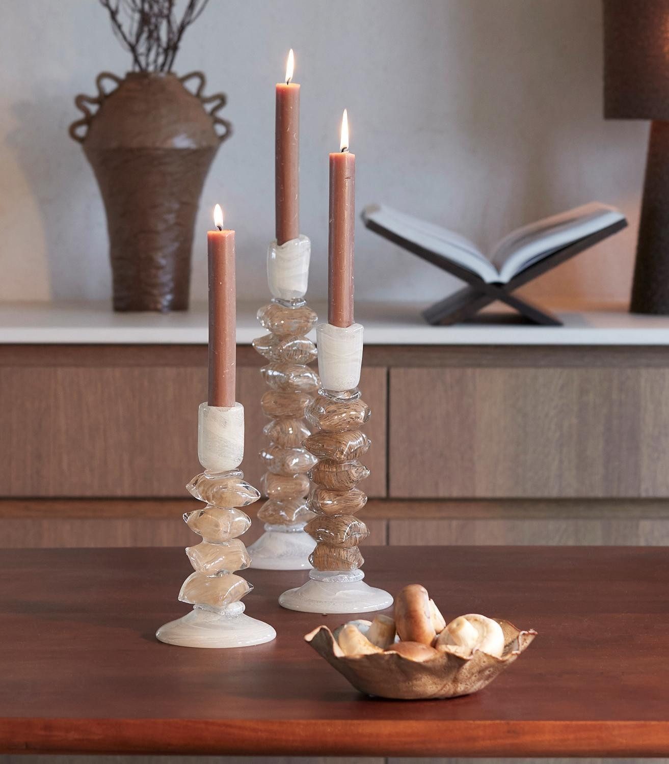 Light & Living Kerzenständer ESTINA, H 29,5 cm, Creme, Braun, Glas, (1 St), geeignet für Stabkerzen