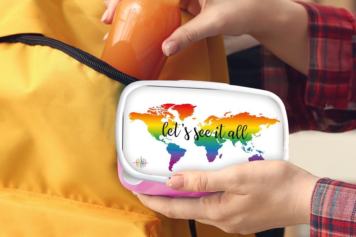 MuchoWow Lunchbox Weltkarte - Regenbogen (2-tlg), rosa - Kompass, Kinder, Mädchen, Snackbox, für Erwachsene, Kunststoff, Brotbox Kunststoff Brotdose