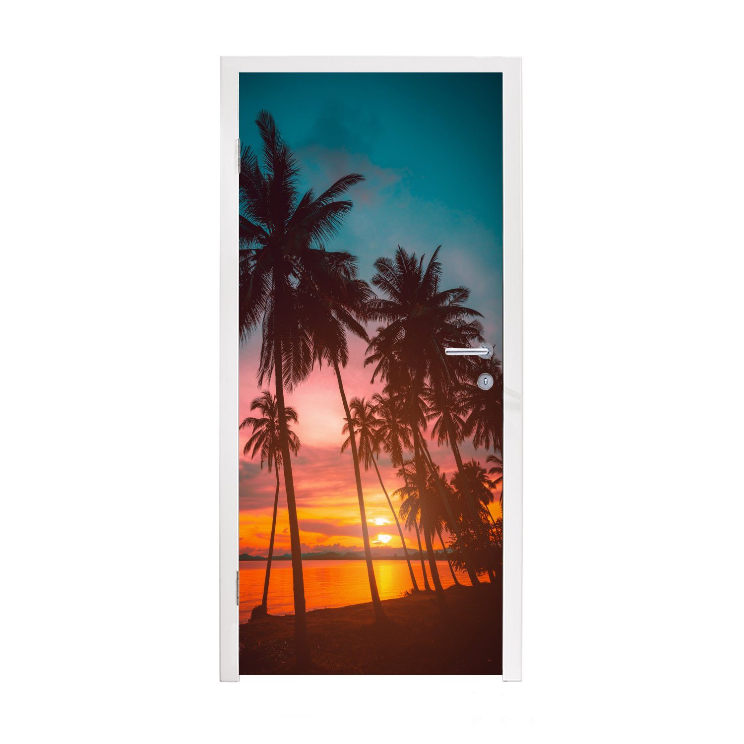 MuchoWow Türtapete Meer - Palme - Sonnenuntergang - Strand - Silhouette, Matt, bedruckt, (1 St), Fototapete für Tür, Türaufkleber, 75x205 cm