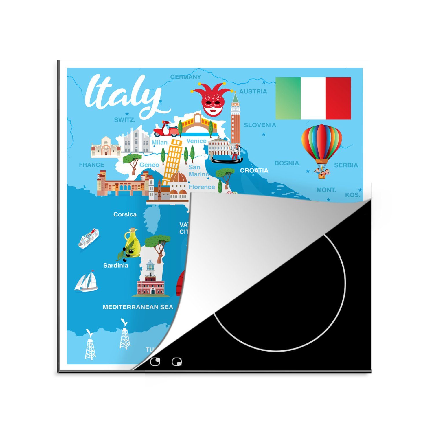MuchoWow Herdblende-/Abdeckplatte Karte - Italien - Illustration, Vinyl, (1 tlg), 78x78 cm, Ceranfeldabdeckung, Arbeitsplatte für küche
