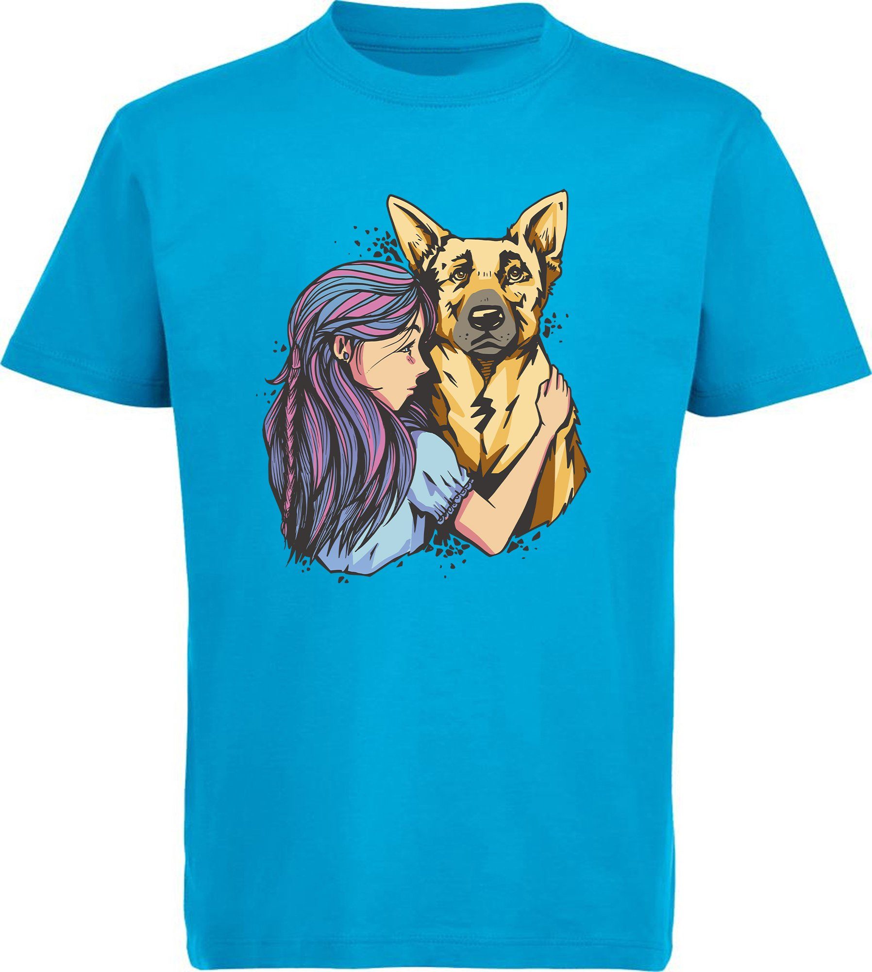 MyDesign24 T-Shirt Kinder Hunde Print Shirt bedruckt - Schäferhund mit Mädchen Baumwollshirt mit Aufdruck, i258 aqua blau