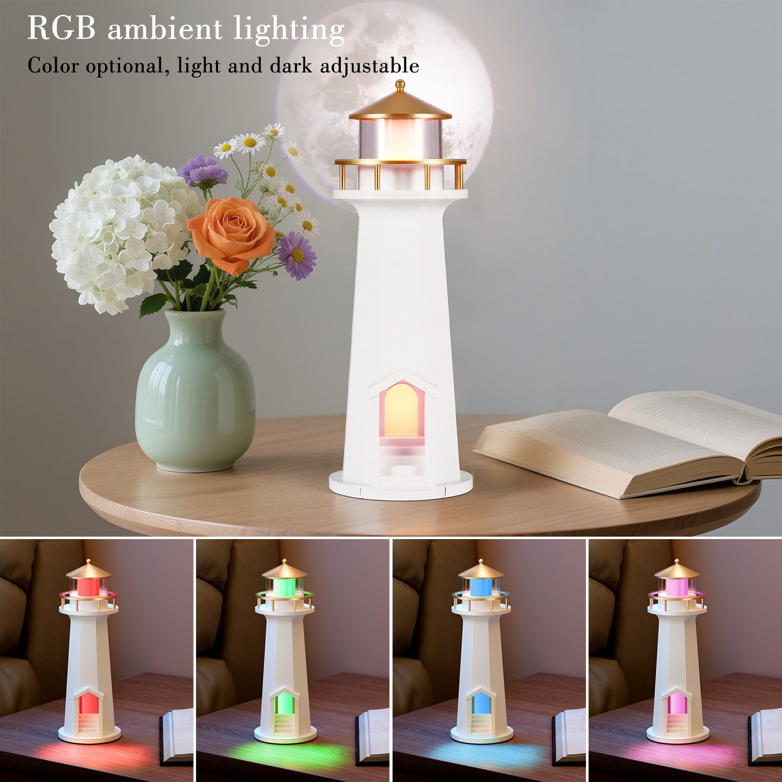 BlingBin Nachtlicht Leuchtturm Lampe, Projektion Leuchtturm Lampe, Tischleuchte, mit kabelloser Bluetooth-Ladefunktion, LED fest integriert, RGB, Kabelloses Laden von Mobiltelefonen, Musik Bluetooth