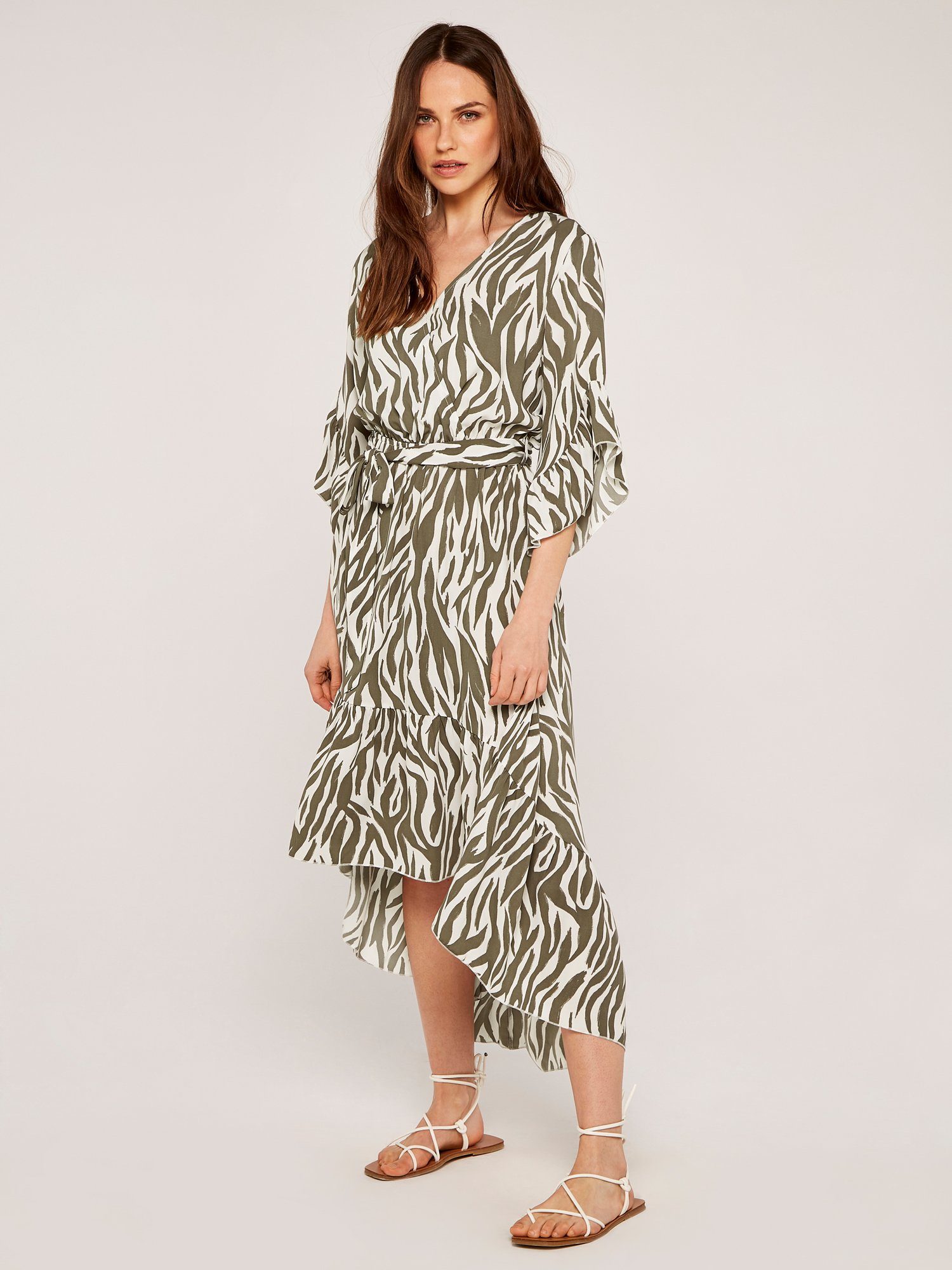 Damen Kleider Apricot Druckkleid Brushstroke Zebra Dip Hem Dress (2-tlg., mit Bindegürtel) mit asymmetrischem Saum