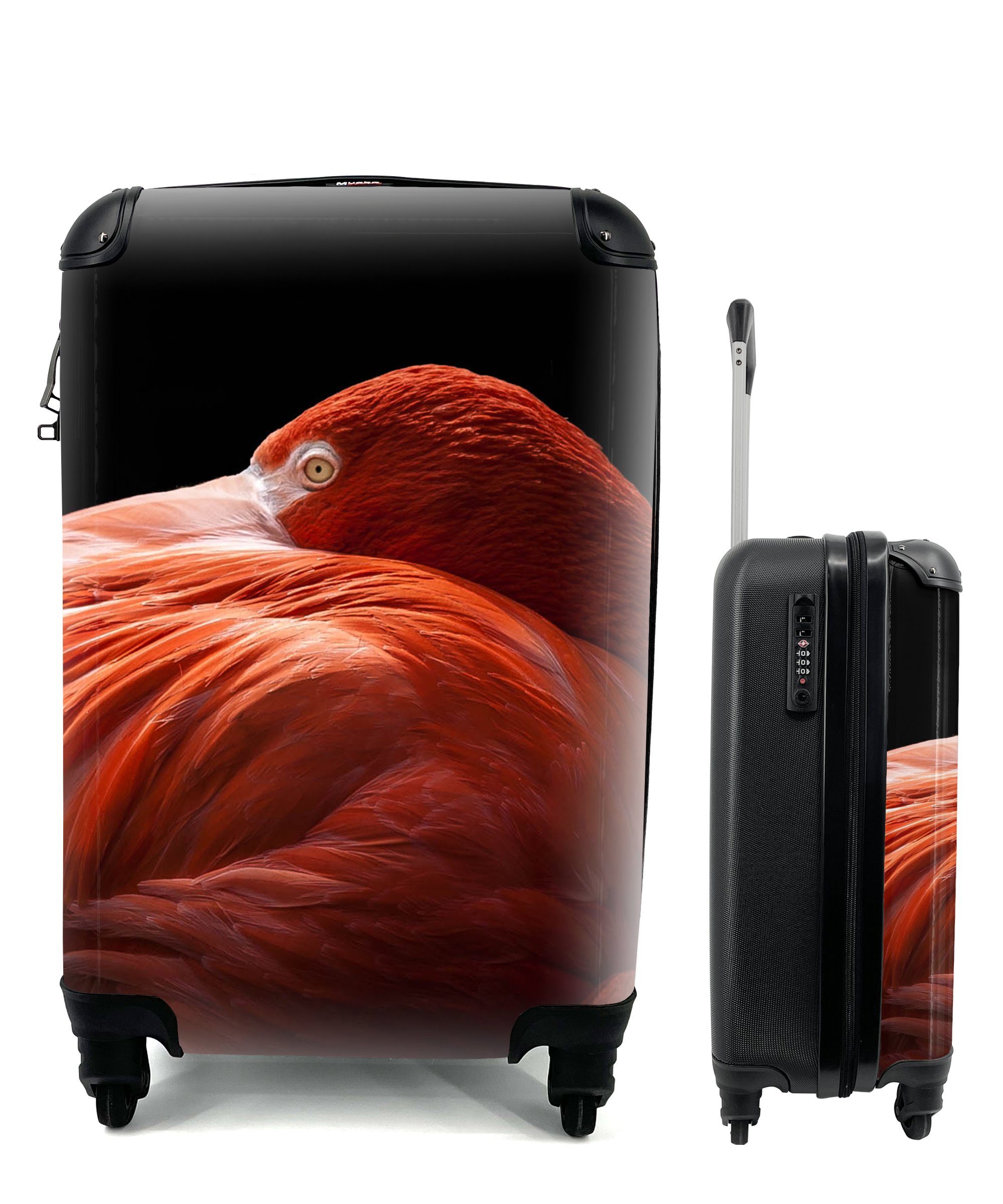 MuchoWow Handgepäckkoffer Flamingo - Federn - Rosa, 4 Rollen, Reisetasche mit rollen, Handgepäck für Ferien, Trolley, Reisekoffer