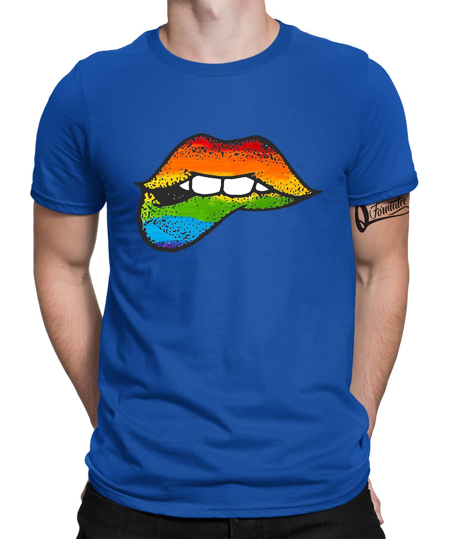 Quattro Formatee Kurzarmshirt Kussmund Lippen Pride - T-Shirt (1-tlg) Regenbogen Herren Gay Blau Stolz LGBT