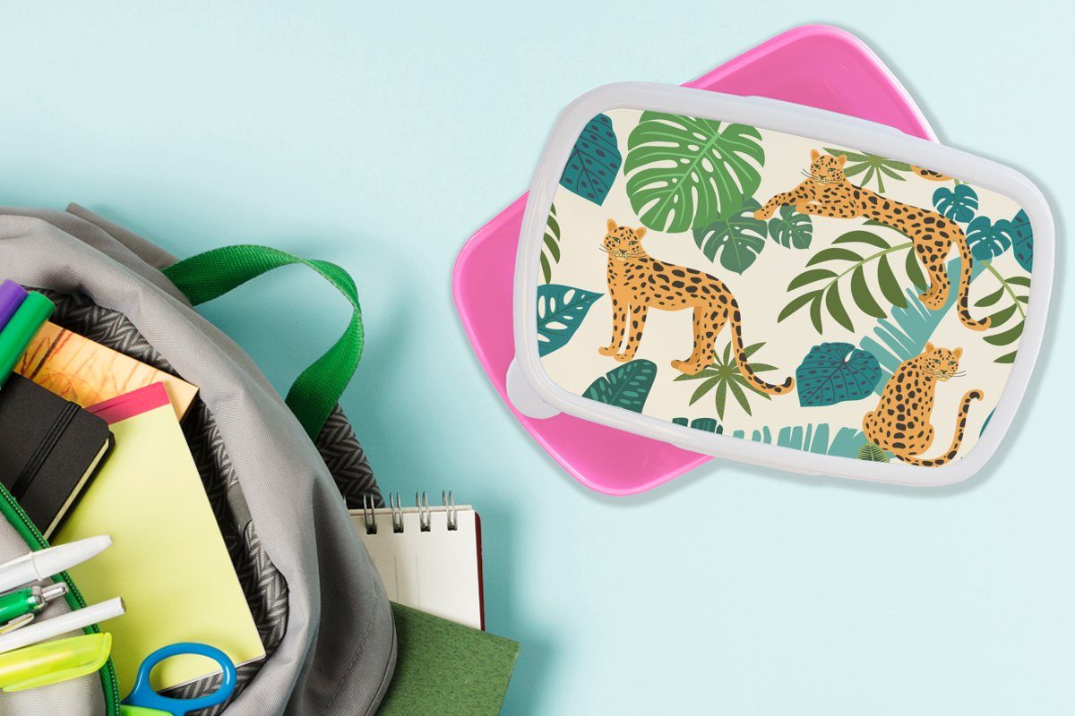 MuchoWow Lunchbox Dschungel - Leopard für Kunststoff - Brotdose Brotbox Mädchen, Erwachsene, Pflanzen Muster - - Snackbox, Jungen, rosa Kinder, - (2-tlg), Mädchen Kunststoff