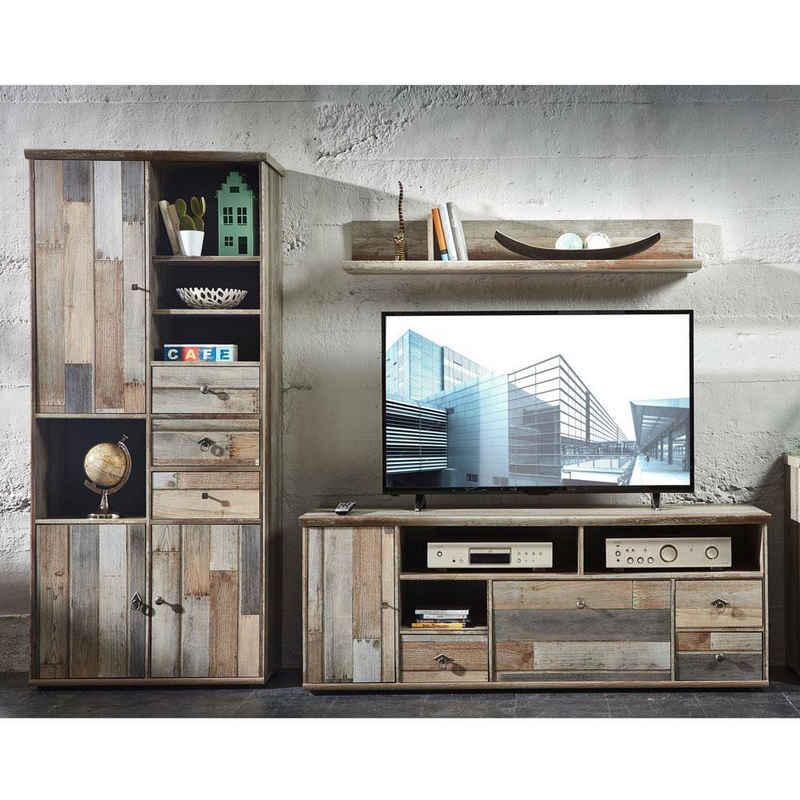 Lomadox TV-Wand BRANSON-36, (3-tlg), Driftwood mit Hochschrank Lowboard Wandregal 260/188/52 cm