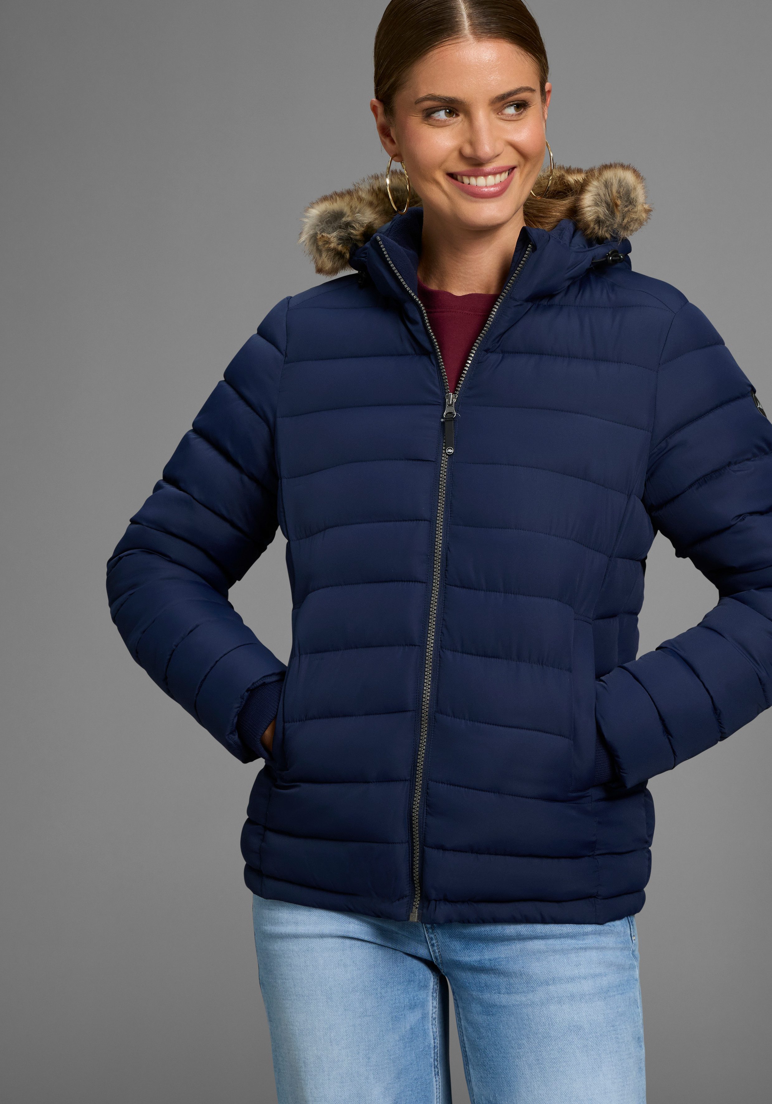 Polarino Steppjacke Kapuze mit Fellimitat zum Abnehmen günstig online kaufen