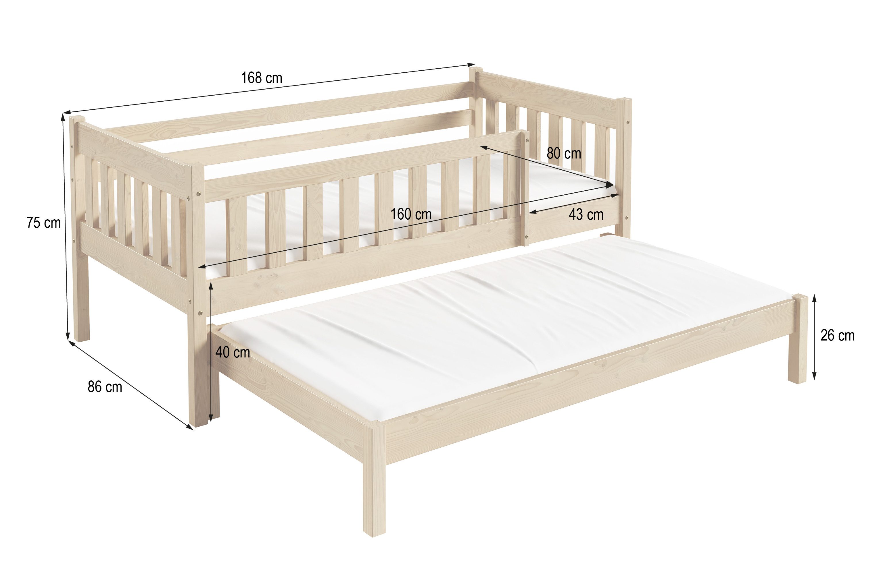 Masseno Einzelbett STELLA 80x160 cm Kinderbett Kiefer Massivholz Kieferfarben