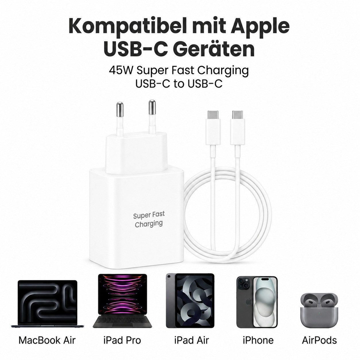 Ventarent 45W USB-C Ladeset mit Ladekabel für MacBook Air, iPad Pro & Air USB-Ladegerät (3000 mA, Set, 2-tlg., 45W USB-C Netzadapter, USB-C Ladekabel, 45W Schne – Bild 5 von 5