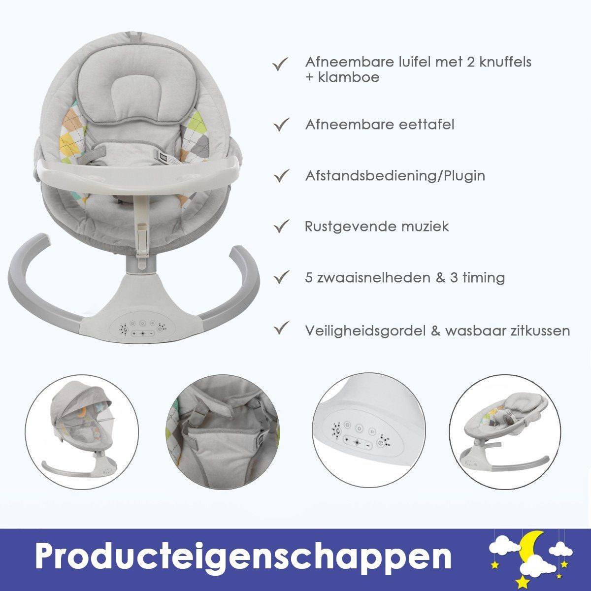 Insma Babyschaukel elektrische Babywippe 5 Gänge, mit Esstisch, bluetooth Musik, Moskitonetz und Spielzeug, max. 9kg – Bild 2 von 5