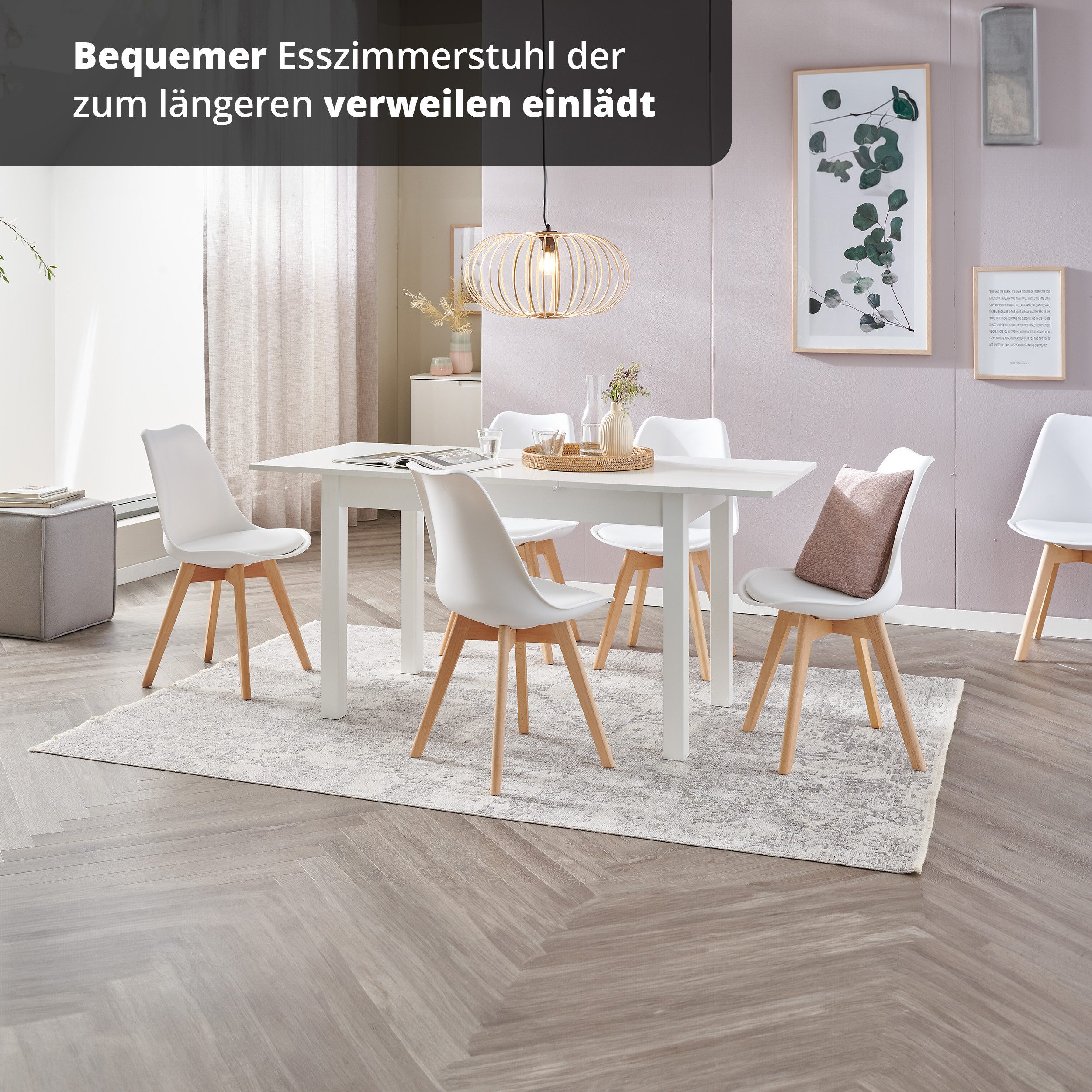 KHG Esszimmerstuhl Küchenstuhl Weiß, bis 150 kg belastbar, Skandi Look, Massivholz, 4-Fußgestell, Kunststoffsitzschale mit Kunstlederbezug