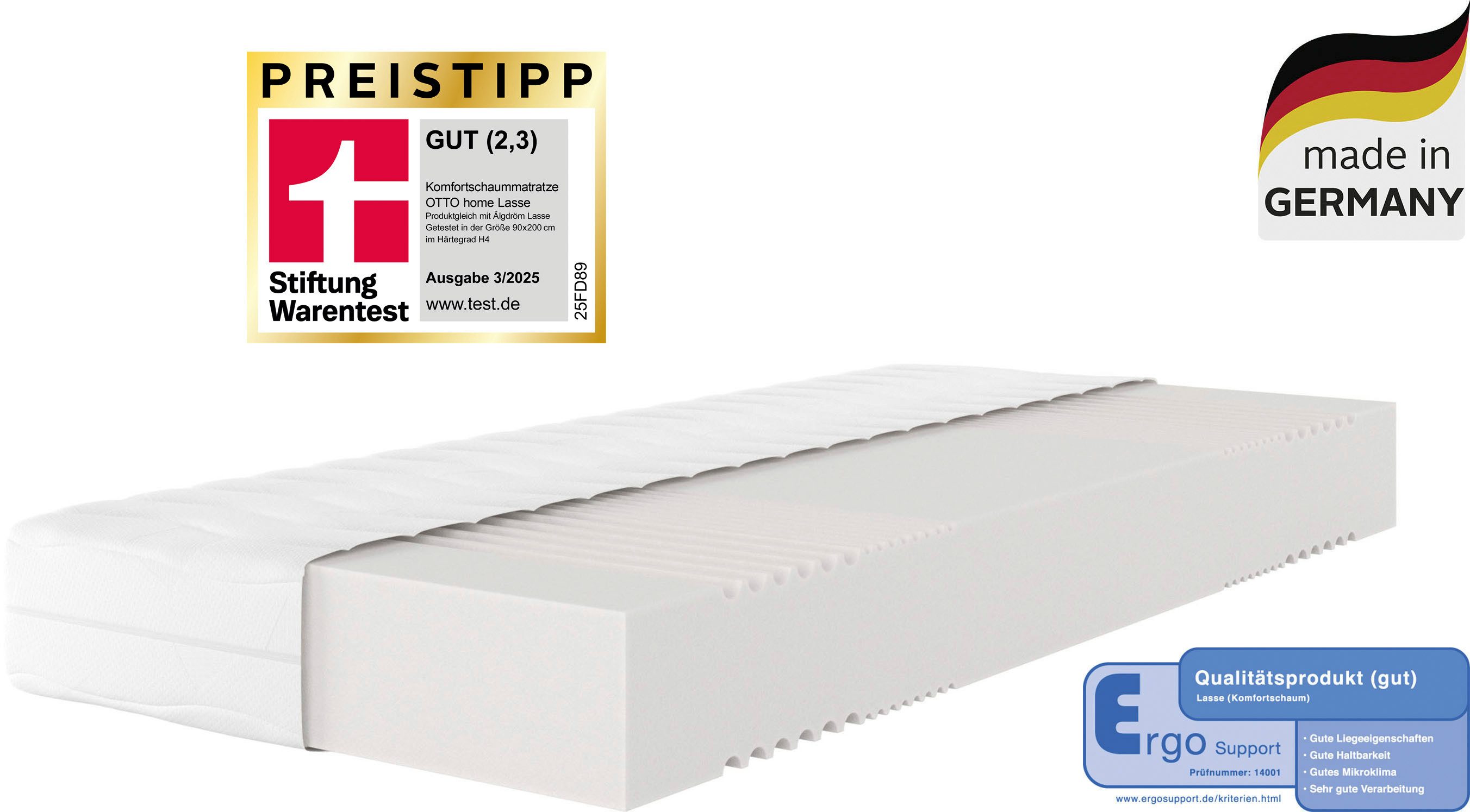 Komfortschaummatratze Lasse, Matratze 90x200 cm, 140x200 cm & weitere Größen, in H2-H4, OTTO home, 22 cm hoch, Stiftung Warentest "GUT (2,3)", getestet in 90x200, Härtegrad 4