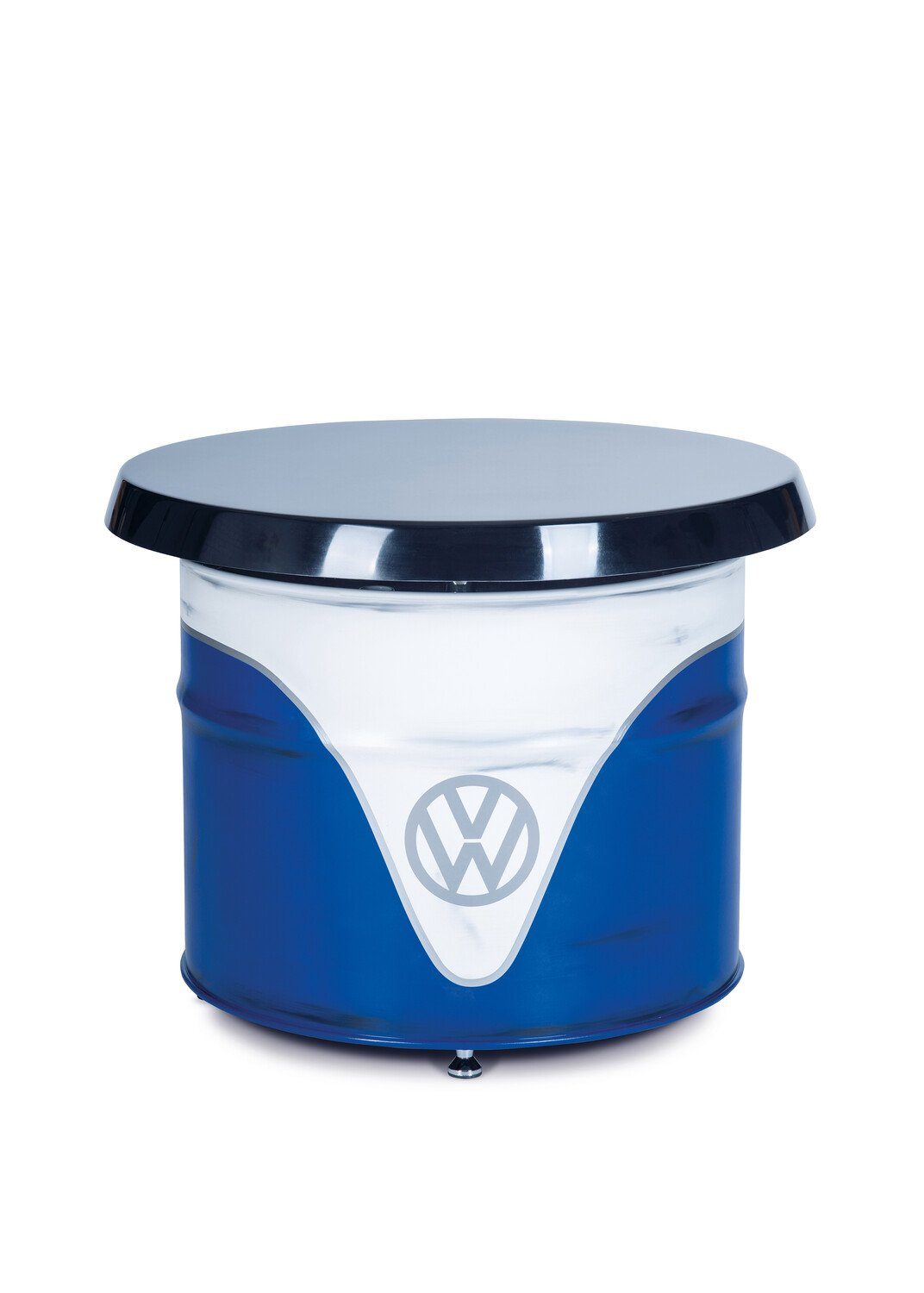 VW Collection by BRISA Beistelltisch Volkswagen Ölfass Partytisch, pflegeleichter Abstelltisch in matt weiß & blau Vintage matt/ Blau&Weiß