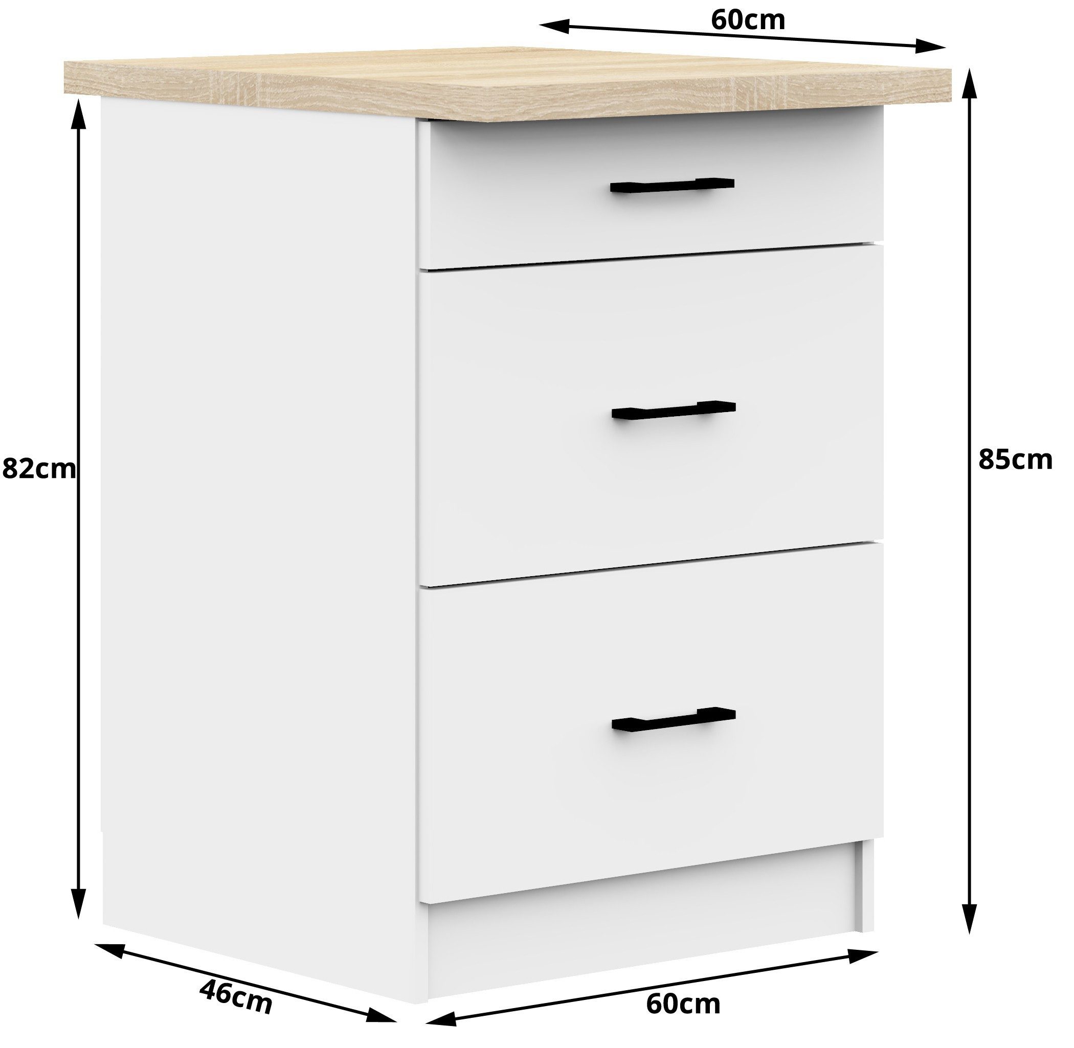 Raumhirsch Furniture Unterschrank Moderner Küchenunterschrank 3 Schubladen Küchenmodul mit Arbeitsplatte (viele Farbvarianten, Maße 60 x 80 x 46 cm) - Hochwerti – Bild 4 von 5