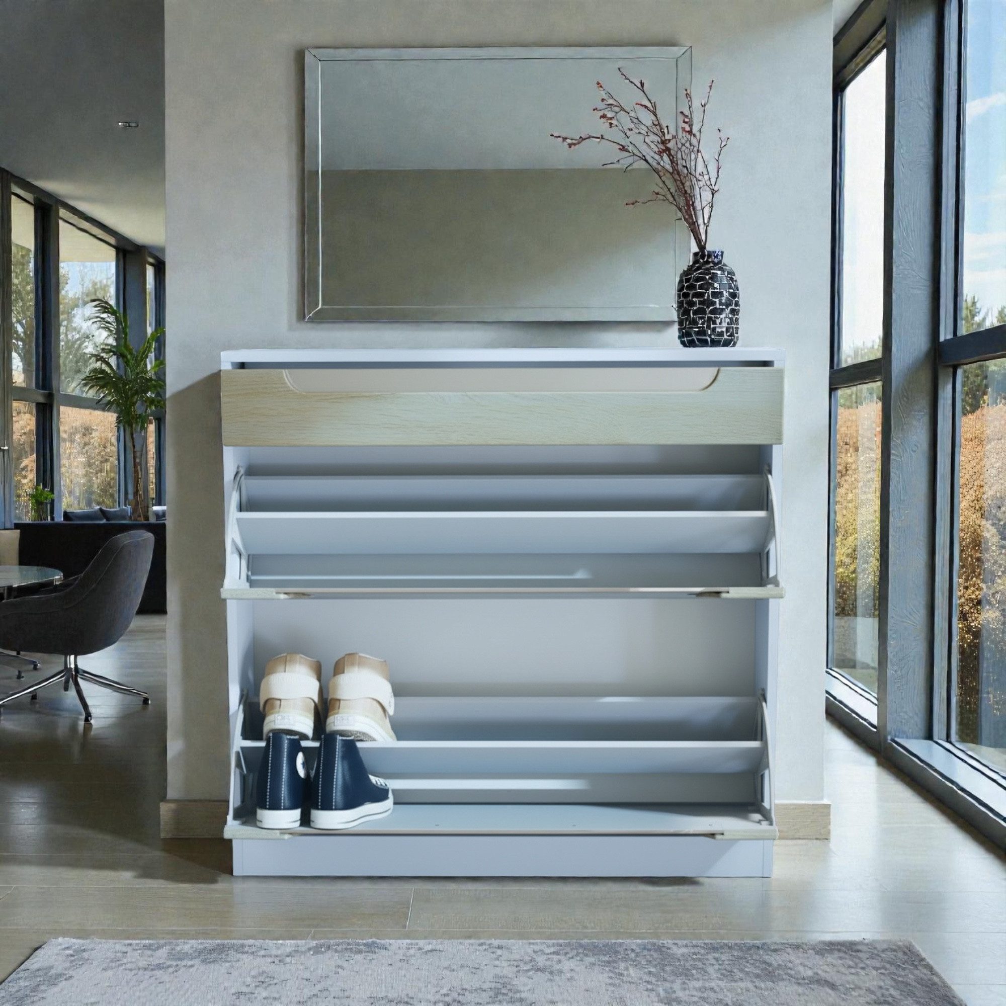 InnoFurn Schuhschrank Venezia Schuhkipper (schmaler Flurschrank, Weiß matt (89 x 95,5 x 23 cm) Platzsparender Schuhkipper Flurschrank für Diele Flur Garderobe