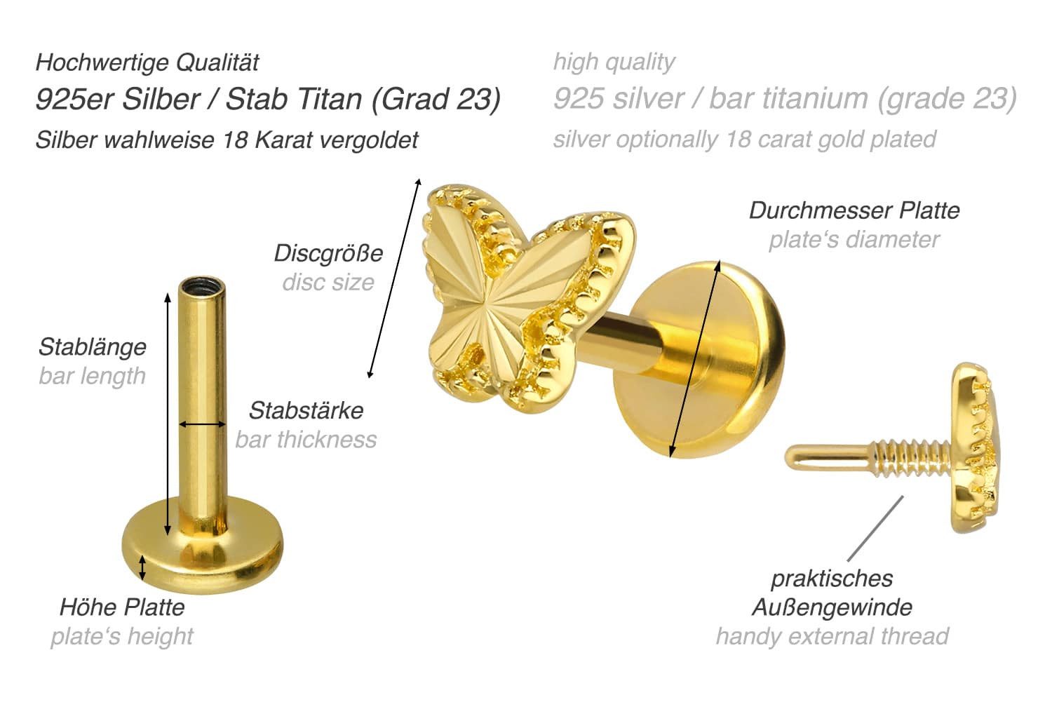 PIERCINGLINE Piercing-Set Titan Labret mit Innengewinde + 925er Silber Aufsatz SCHMETTERLING (Labrets, 1-tlg)