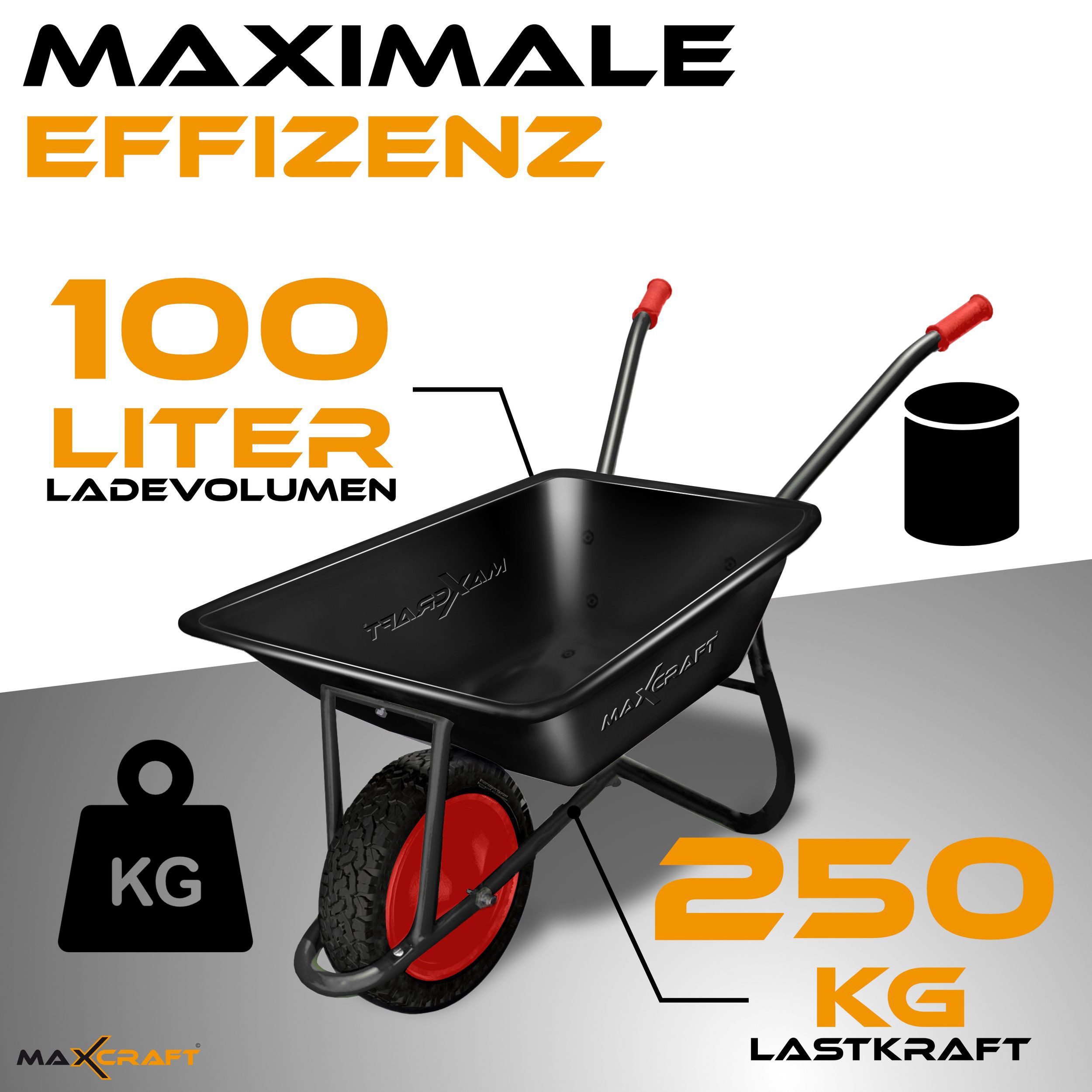 MAXCRAFT Schubkarre Bauschubkarre 250 kg 100 L Gartenkarre Luftbereifung Schwarz / Rot