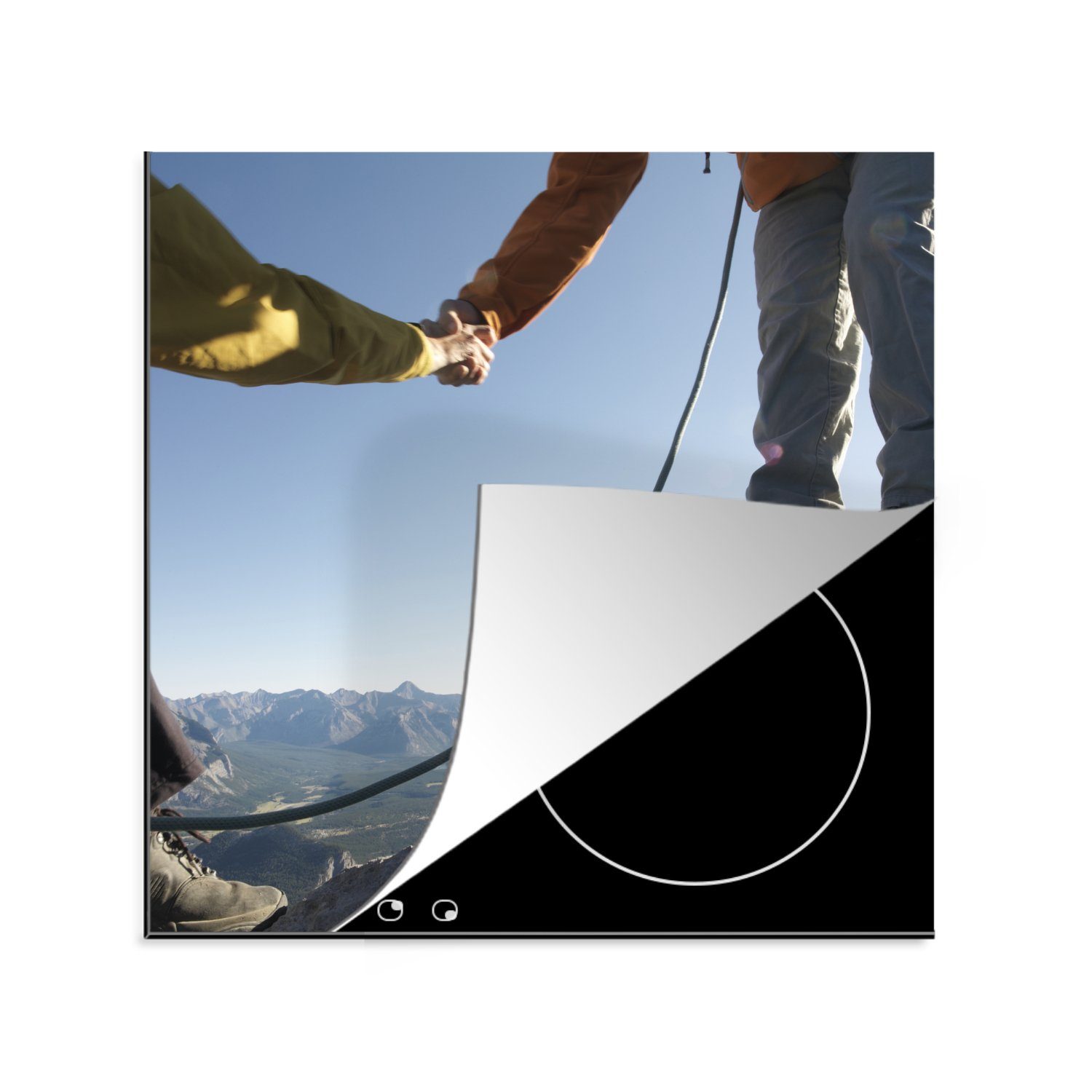 MuchoWow Herdblende-/Abdeckplatte Bergsteiger helfen sich gegenseitig, Vinyl, (1 tlg), 78x78 cm, Ceranfeldabdeckung, Arbeitsplatte für küche