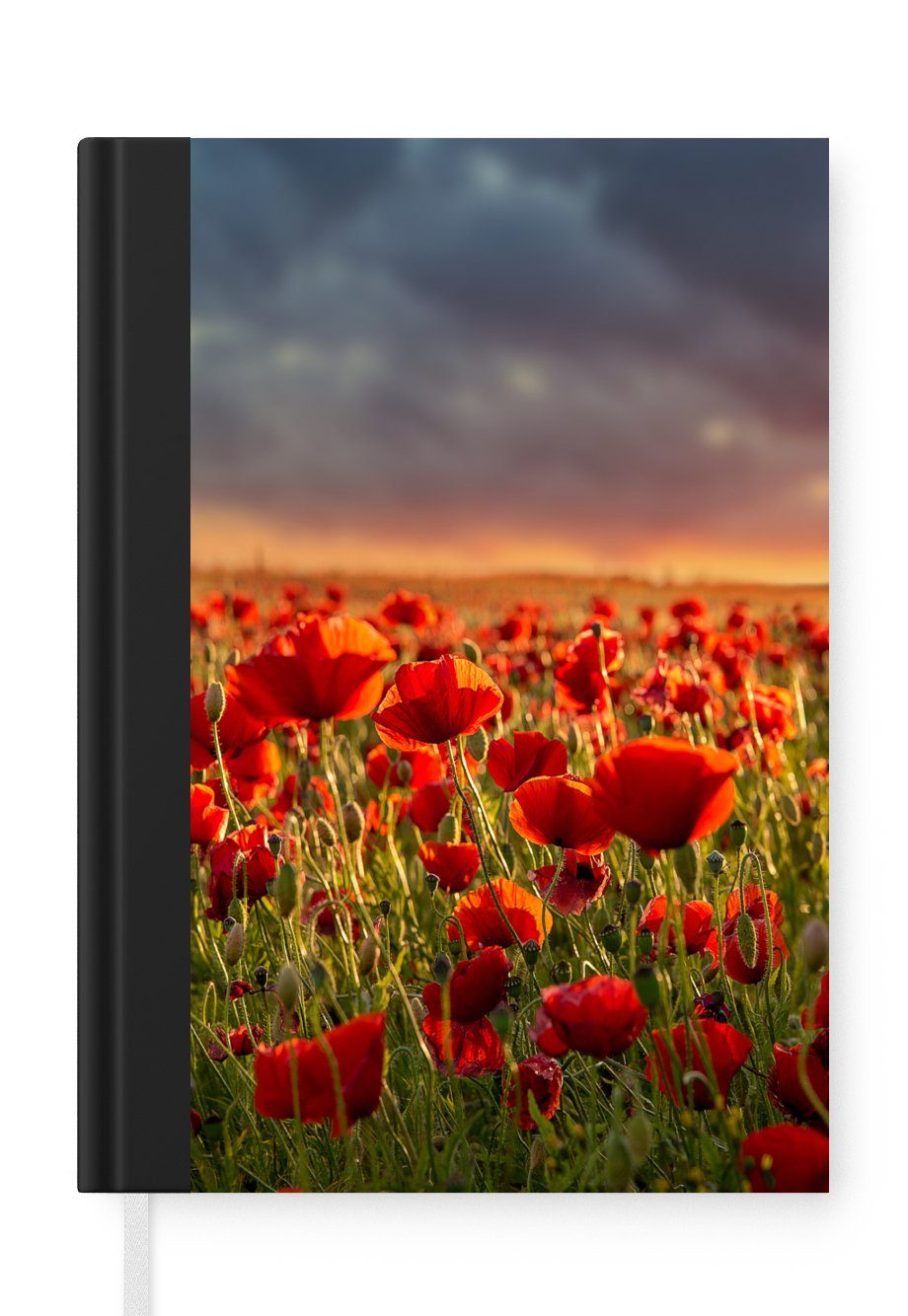 MuchoWow Notizbuch Sonnenuntergang - Mohnblumen - Rot - Blumen - Feld - Natur, Notebook, Notizblock a5, Tagebuch, Journal Liniert