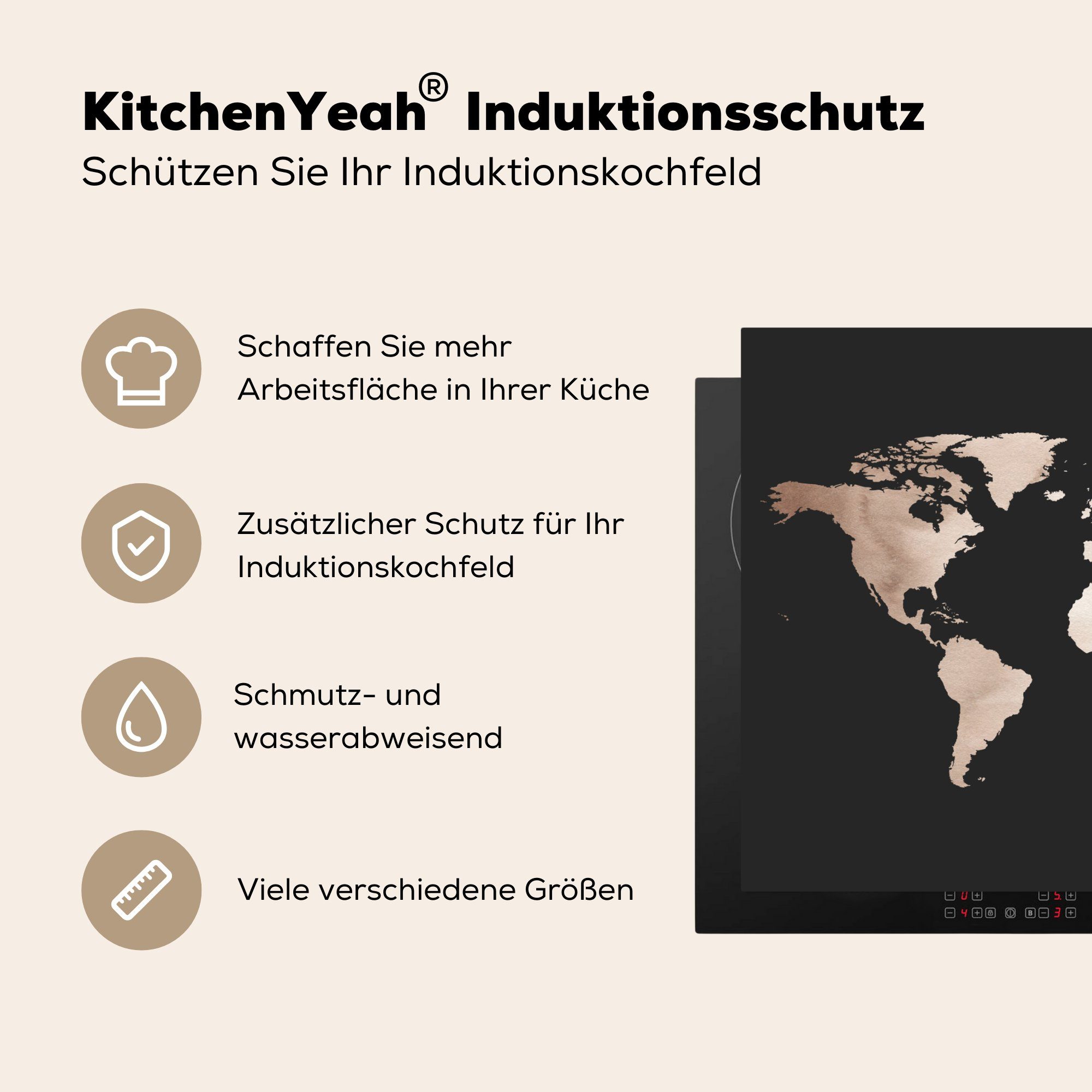 cm, 71x52 Schutz - tlg), für Induktionskochfeld Ceranfeldabdeckung küche, die Herdblende-/Abdeckplatte Schwarz MuchoWow (1 Vinyl, weiß, Weltkarte und