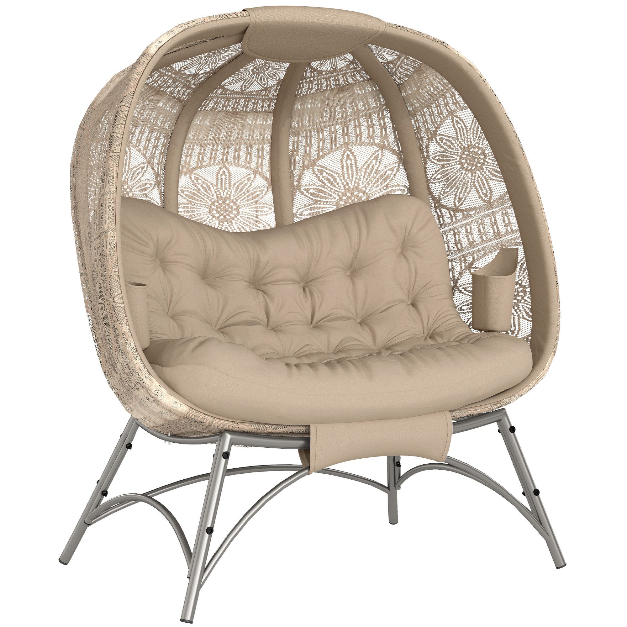 Outsunny Gartenstuhl Gartenstuhl 2-Sitzer, mit Faltbarem Korb, mit Kissen, Loungesessel (Papasansessel, 1 St), Für Balkon, Terrasse, Stahl, Sand, 126 x 90 x 142 cm