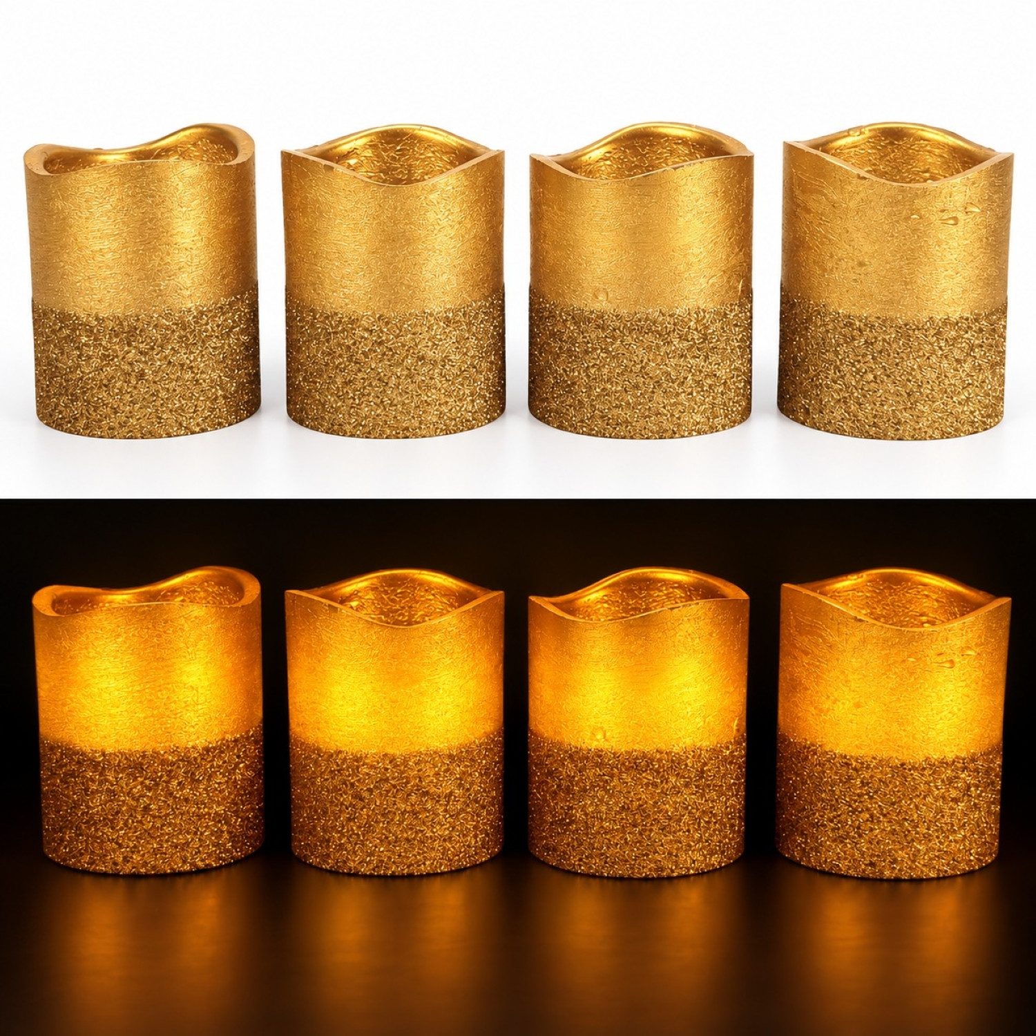 Online-Fuchs LED-Kerze 4 LED-Votivkerzen, Teelichter im Set mit Metallic Glitzer und Timer, KEINE Flamme, leuchtet aus dem Inneren, warmweißer Flackereffekt, praktische 6-Stunden Timerfunktion integriert
