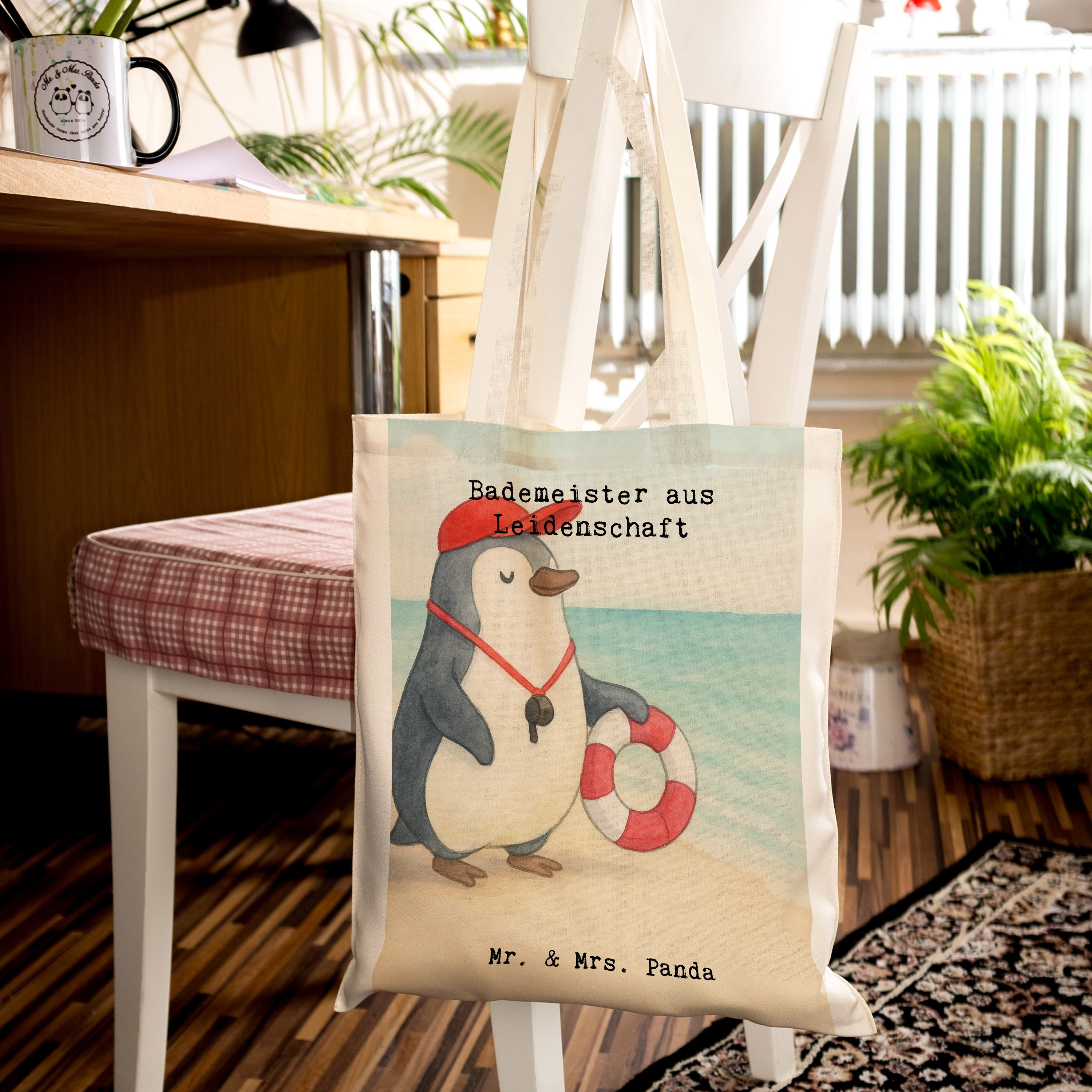 Mr. & Mrs. Panda Tragetasche Bademeister Leidenschaft Design, Einkaufstasche, Weiß, Freibad, Tasch (Packung), universaltasche Laptoptasche Baumwoll-Shopper