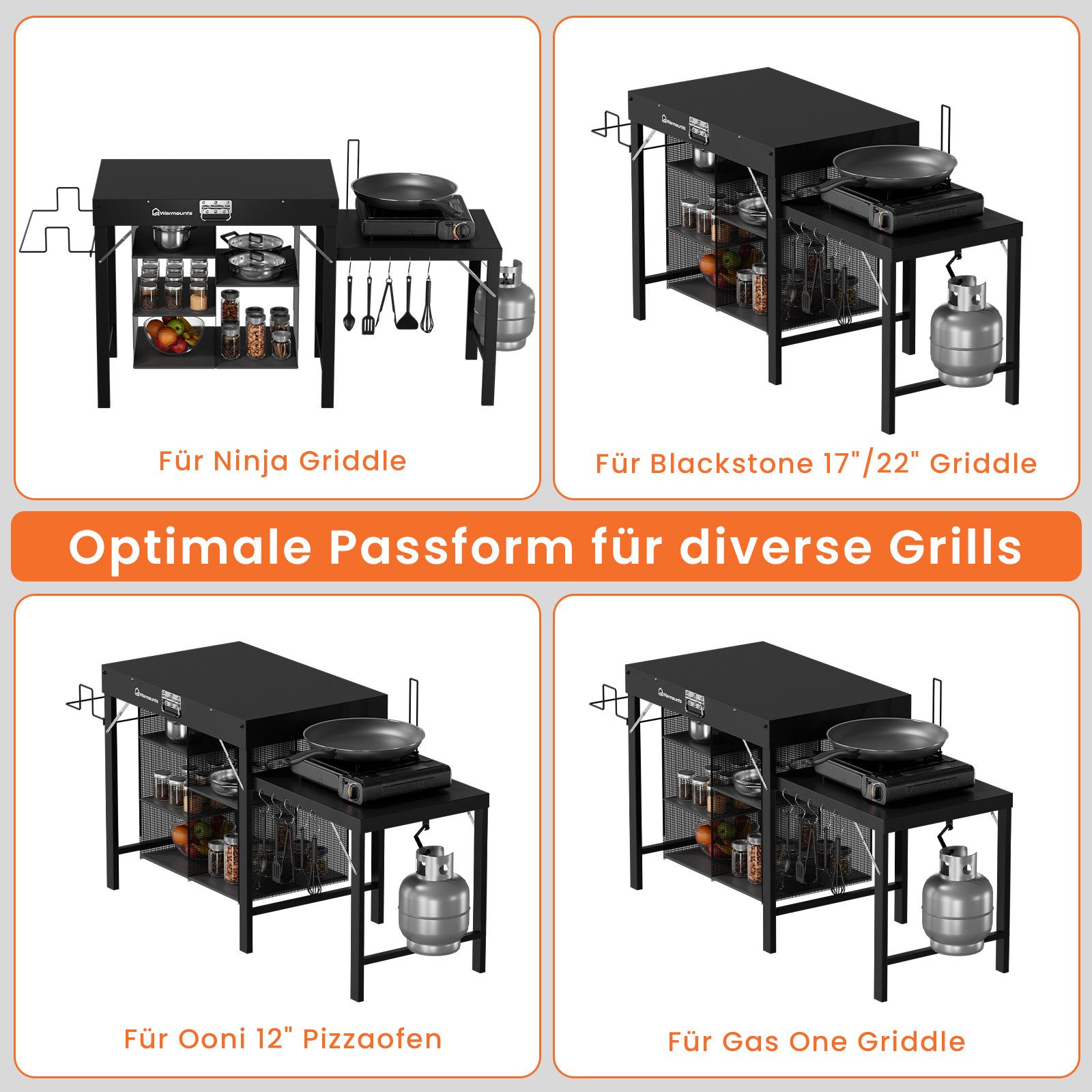Warmounts Grillablagetisch 3-Etagen Multifunktional Grilltisch Service-Tisch Klappbar 110x45x75cm (Gartentisch BBQ Grilltisch mit Arbeitsplatte und Staufächern, – Bild 5 von 5
