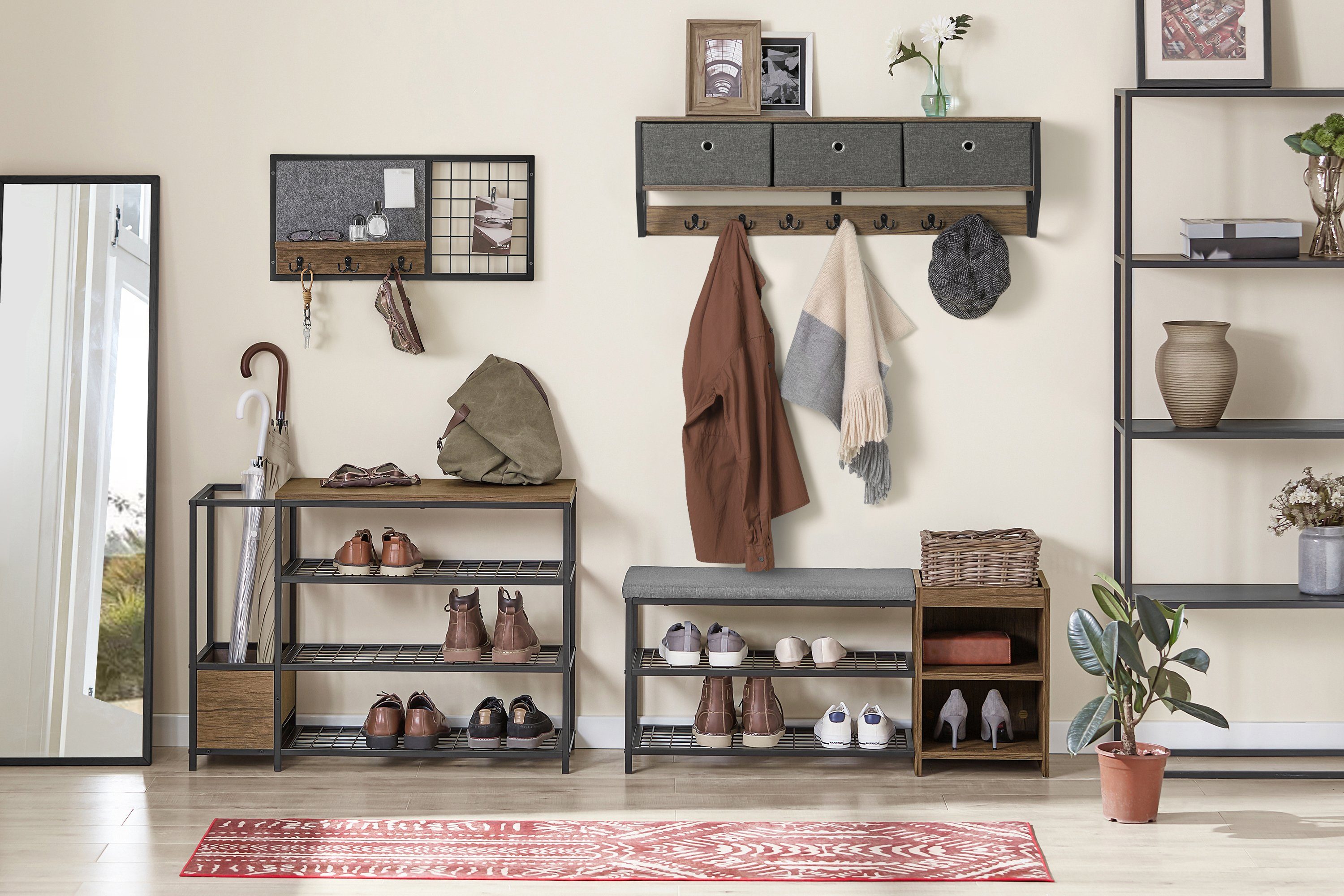 SoBuy Wandgarderobe mit 3 Körben und 7 Haken MDF Metall Vintagebraun FHK26- günstig online kaufen