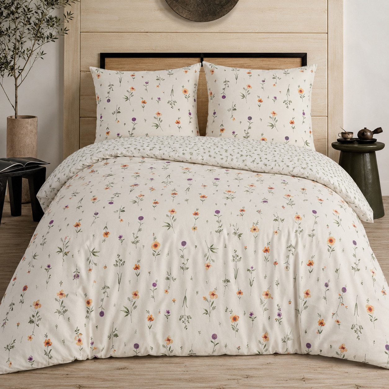 Leonado Vicenti Wendebettwäsche 200x220 Bezug 80x80 Doppel Kissen Hochwertige Polycotton Beige Blumen, Renforcé, 3 teilig, mit verdecktem Reißverschluss, Wendebettwäsche