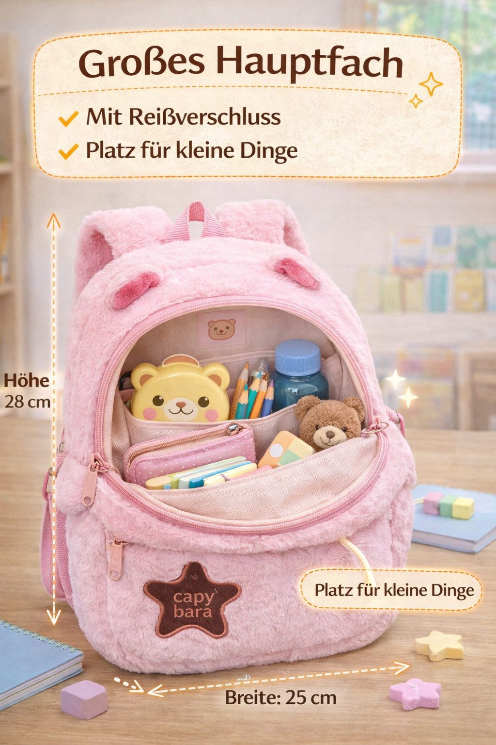 soma Schulrucksack Plüsch Kinder Rucksack Capybara Rosa mit Frontfach Reißverschluss (Set, 1-tlg., Geschenk-Set), Flauschiger Kinder Rucksack mit Capybara Motiv und zwei Fächern