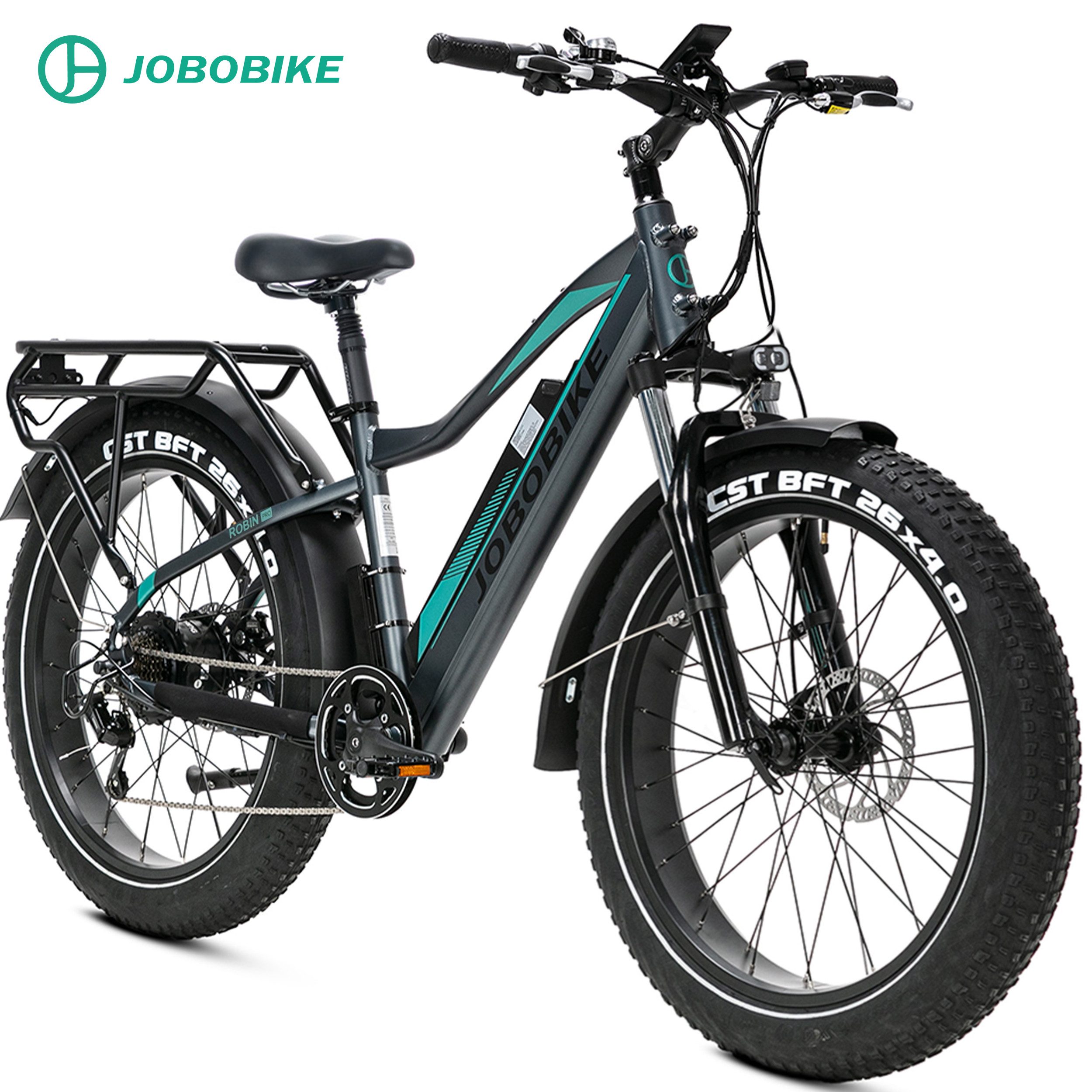 JOBOBIKE E-Bike Mountainbike 26 x 4,0 Zoll, 180km, 80 Nm, Elektrofahrrad für Damen Herren, Offroad, 8 Gang Shimano, Kettenschaltung, Heckmotor, 960 Wh, max. 80 Nm, 5 Stufen, Federgabel, Gefederte Sattelstütze, MTB