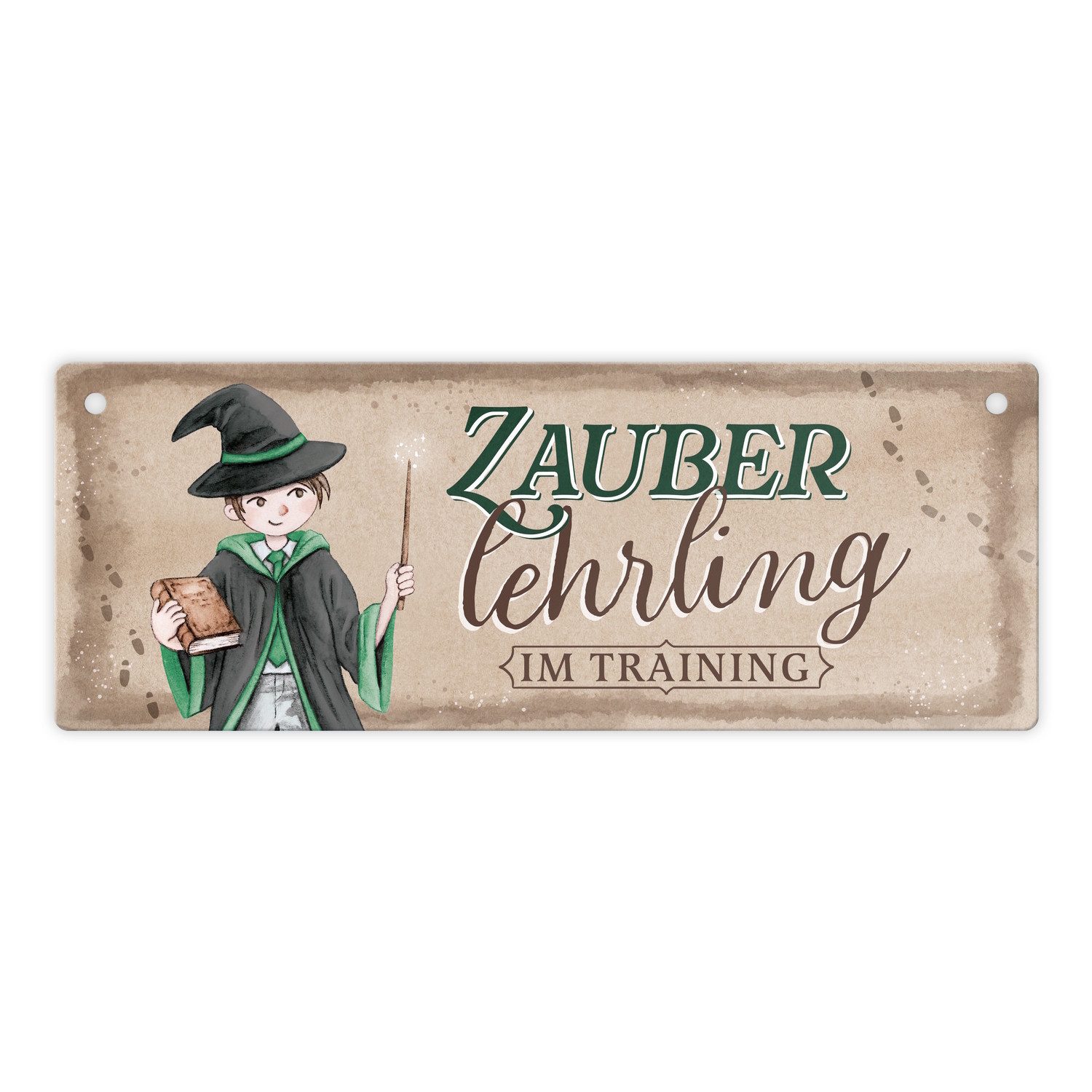 Metallschild Zauberlehrling im Training Metallschild mit Zauberschüler in grün