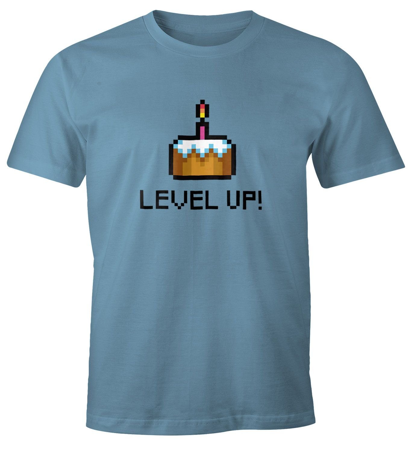 MoonWorks Print-Shirt Herren T-Shirt Geburtstag Level Up Pixel-Torte Retro Gamer Pixelgrafik Geschenk Arcade Fun-Shirt Moonworks® mit Print blau