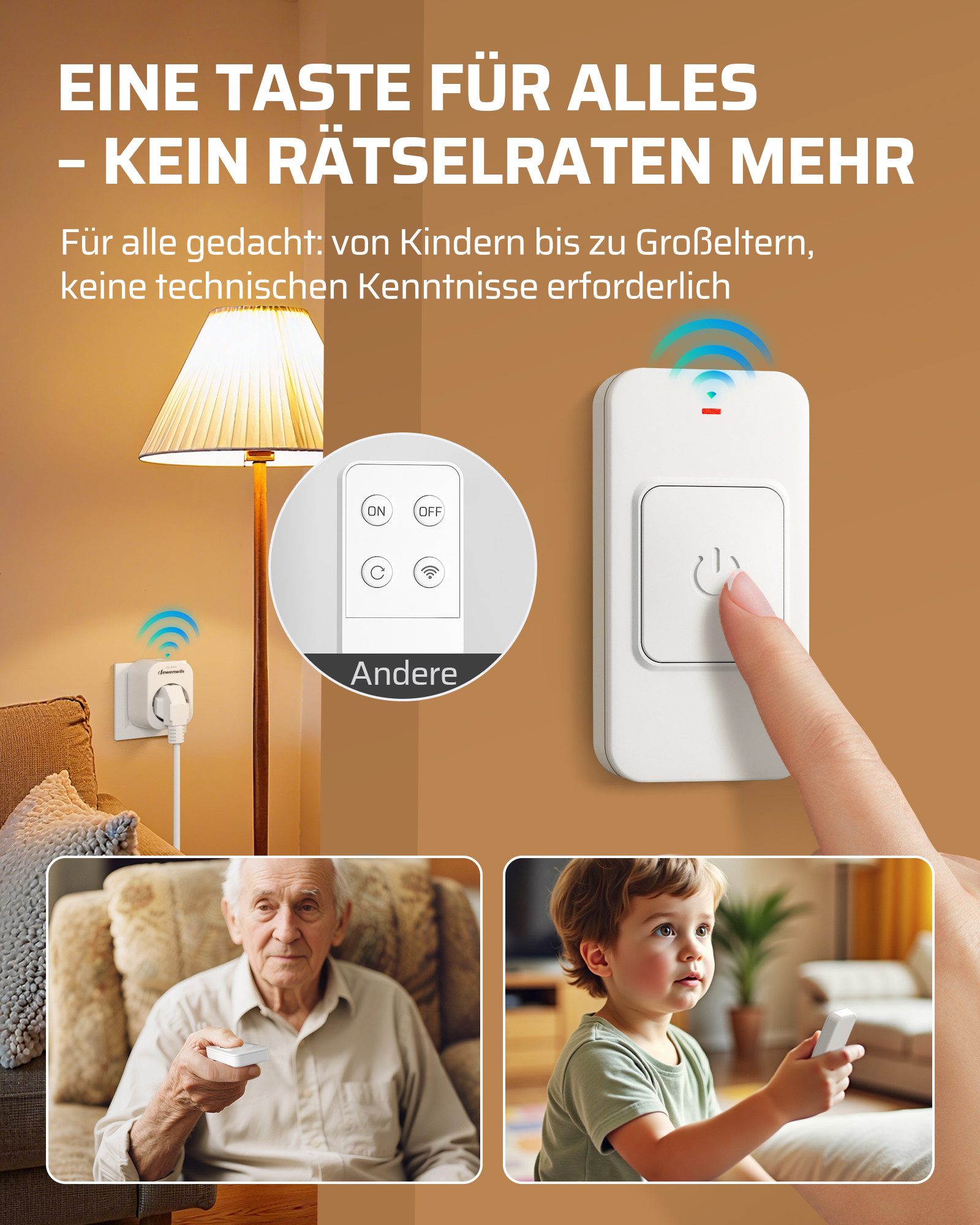 DEWENWILS Funksteckdose mit Fernbedienung, max. 3680 W, 1-St., 30 m Reichweite; Fernbedienung magnetisch befestigbar