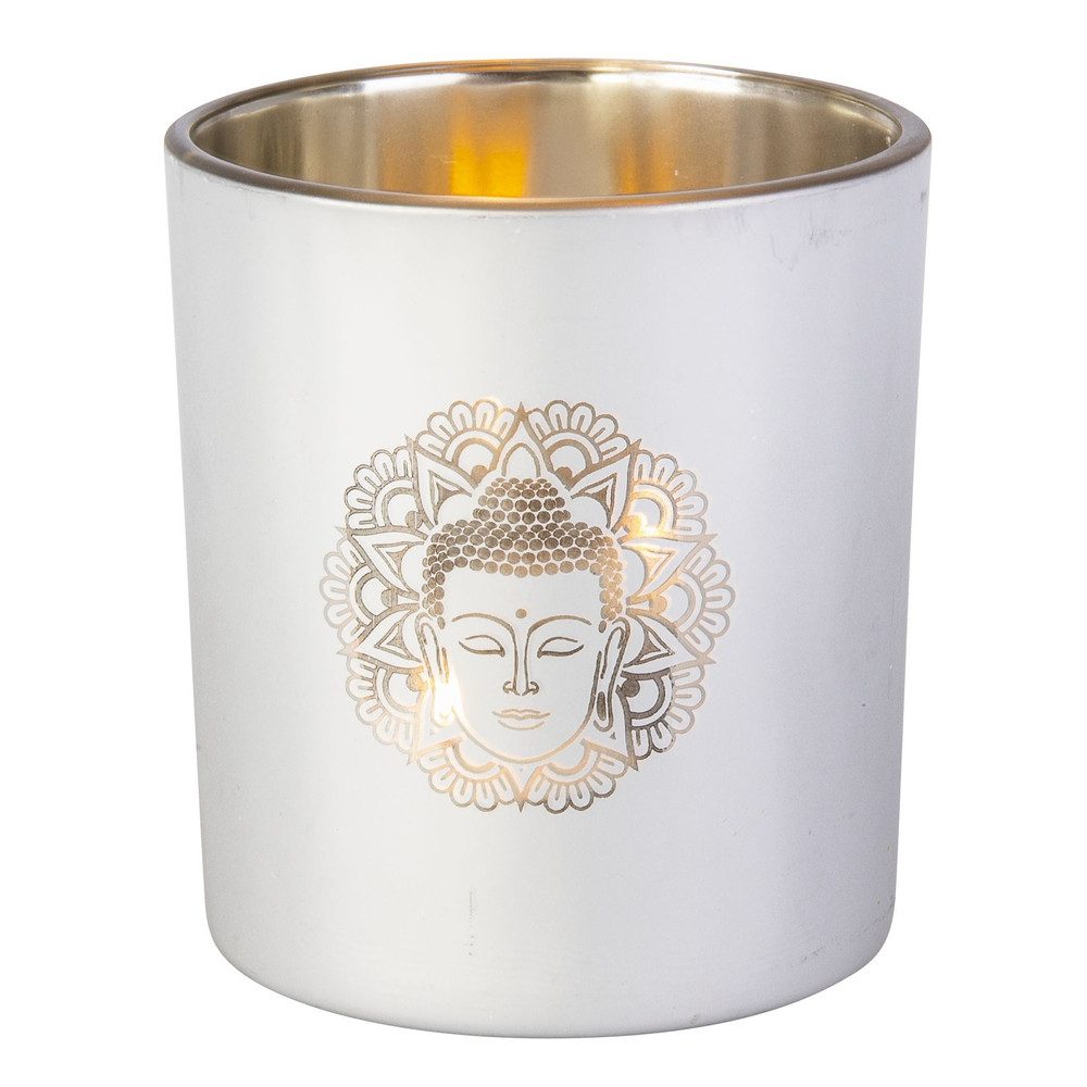Dekolicht Teelichtglas Buddhakopf - weiß - ca. 8x9 cm