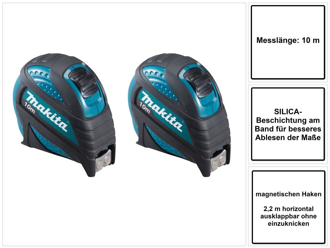 Makita Maßband 2x B-57168 Maßband 10 m Rollbandmaß mit magnetischen Haken