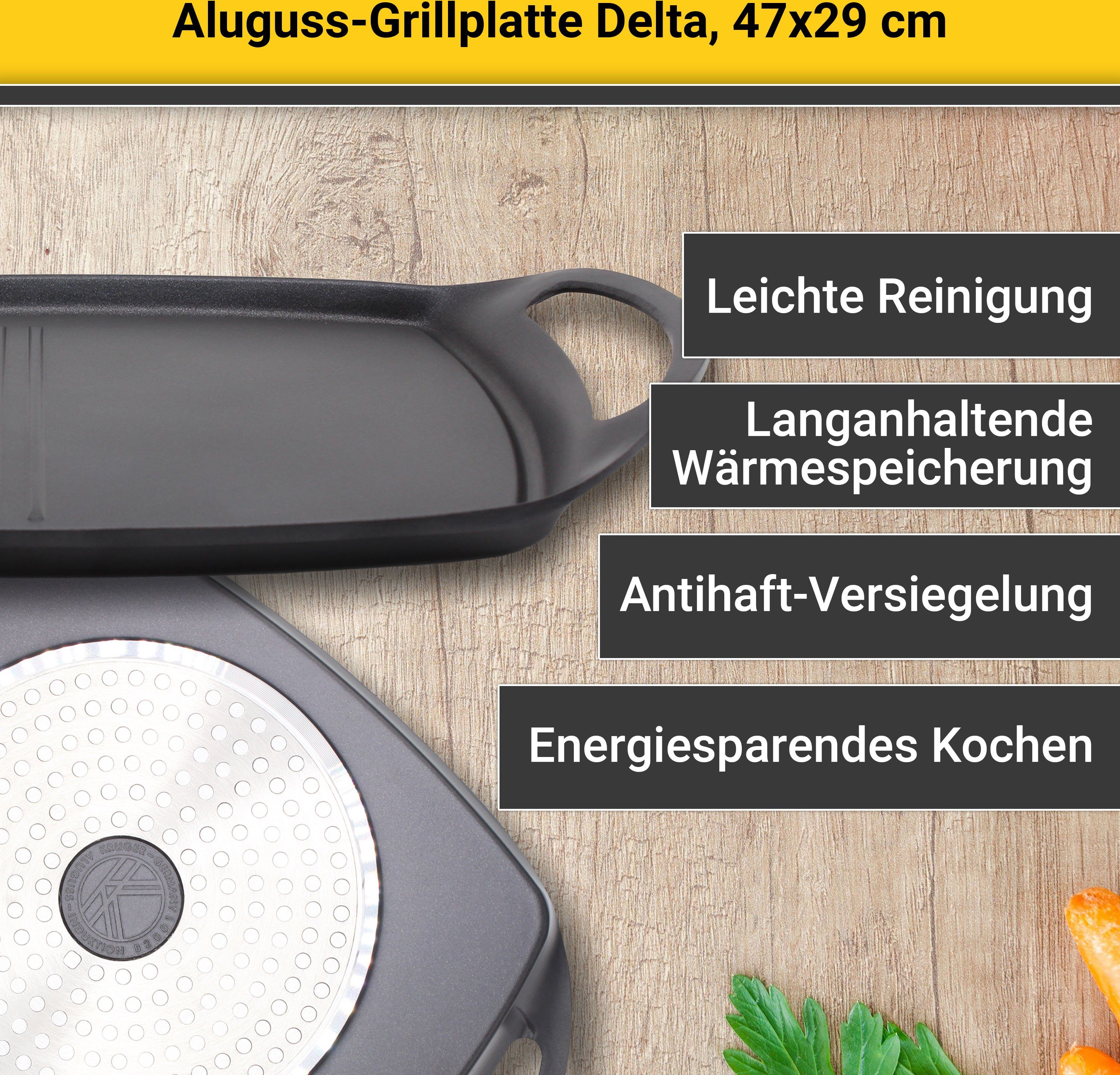 Krüger Grillplatte Delta (1-St), aus Aluminiumguss, für Induktions-Kochfelder geeignet, 47 x 29 cm