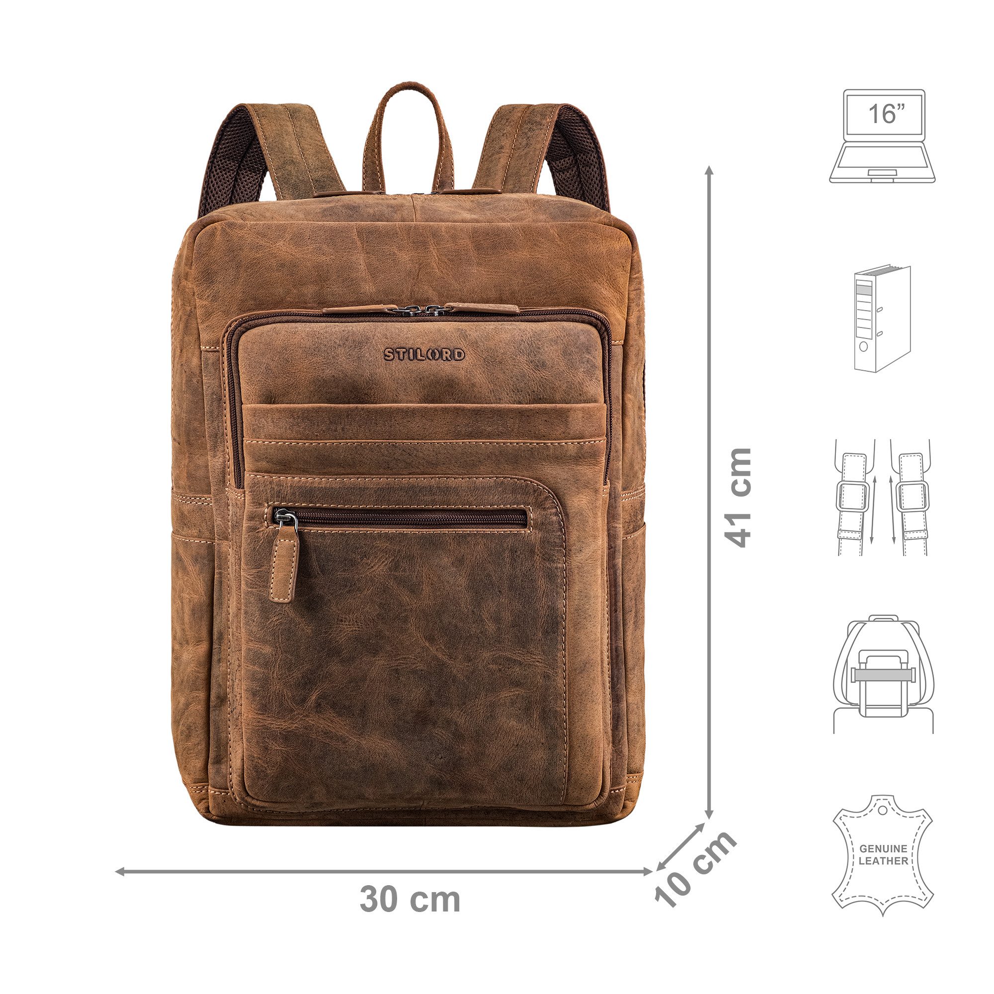 STILORD Notebook-Rucksack "Gilbert" Großer Leder Rucksack Herren & Damen Laptop 15 - 16 Zoll