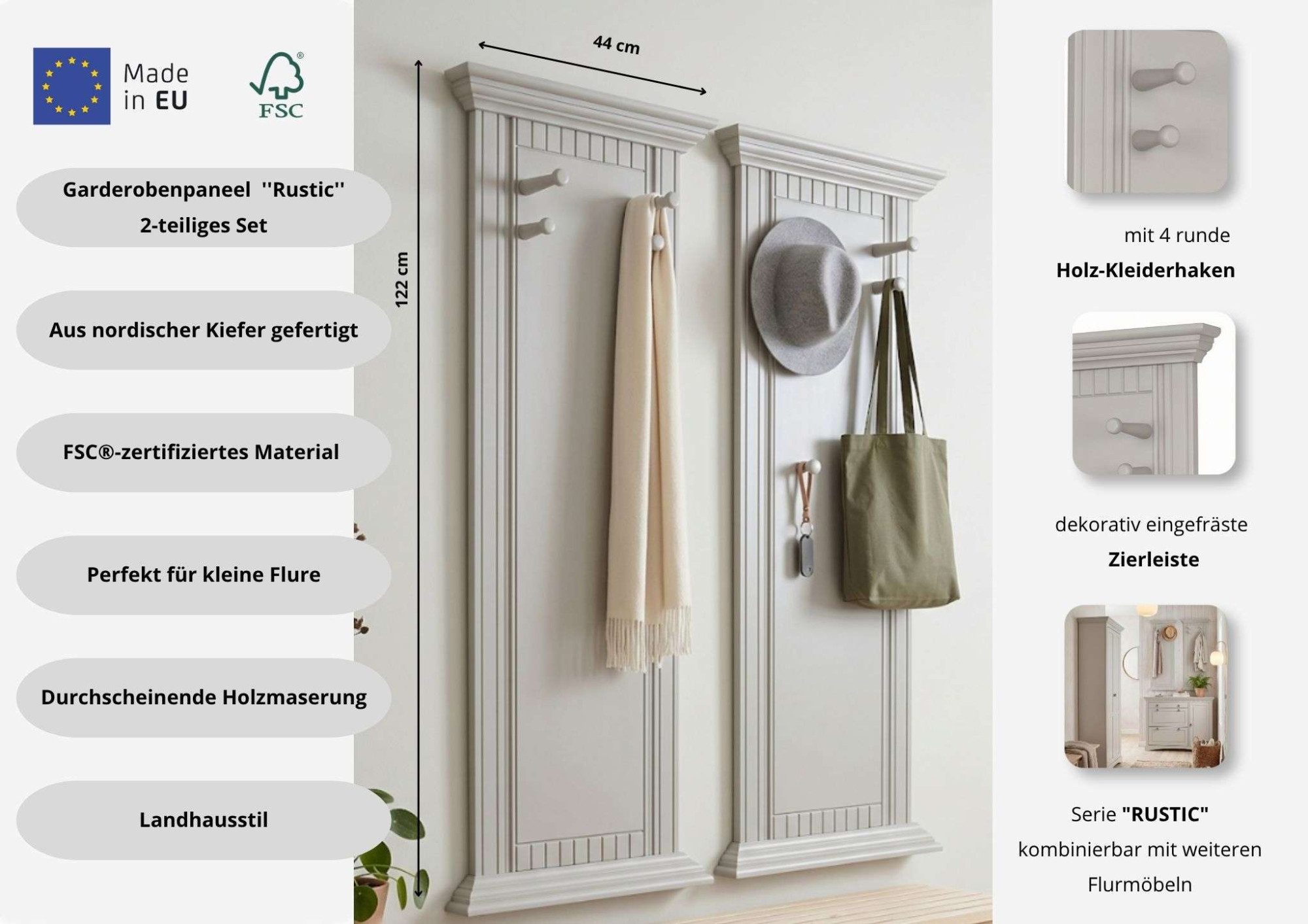 OTTO home Garderobenpaneel Rustic, Set aus 2 Paneelen, Landhausstil (2 St), aus massiver Kiefer, mit dekorativen Fräsungen