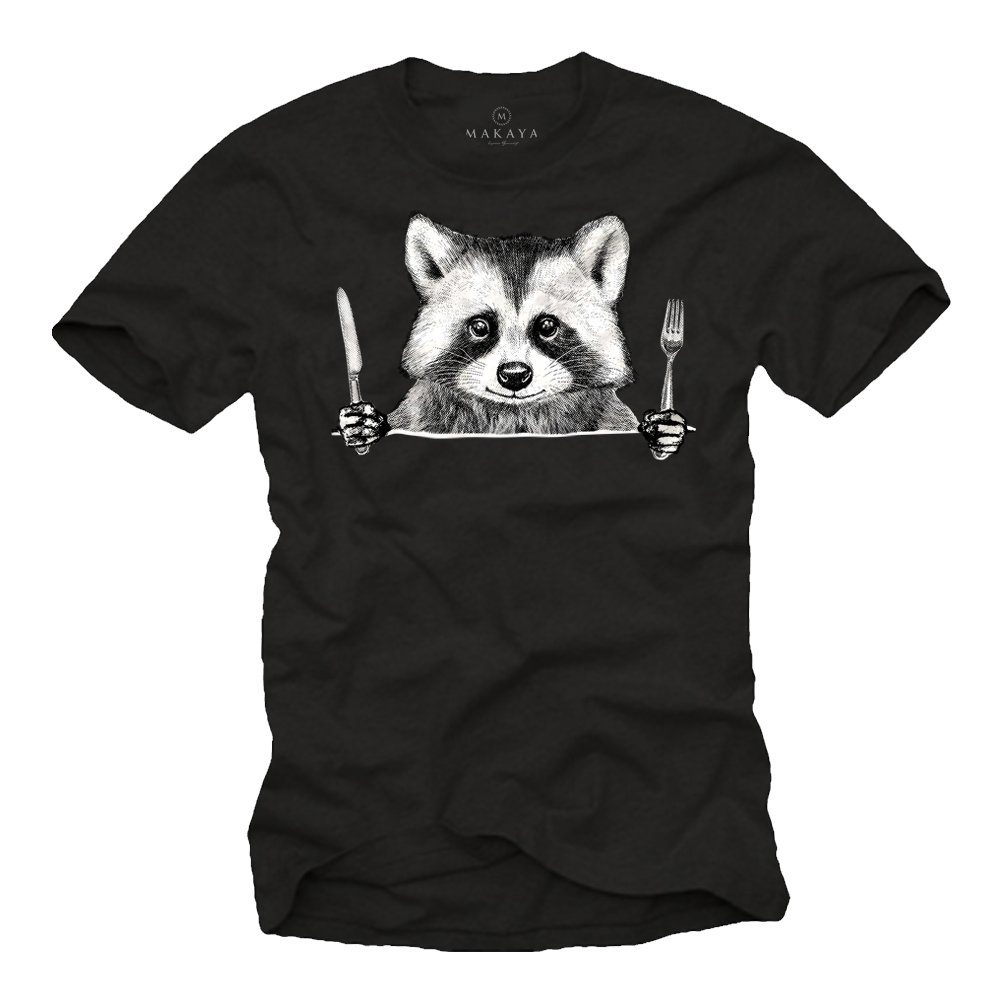 MAKAYA Print-Shirt Coole Tiermotive Waschbär Lustige Motiv Tiere Essen Aufdruck Schwarz Raccoon