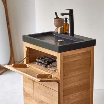 Tikamoon Waschtisch Easy Badezimmermöbel aus massiver Eiche und Lavastein 60 cm