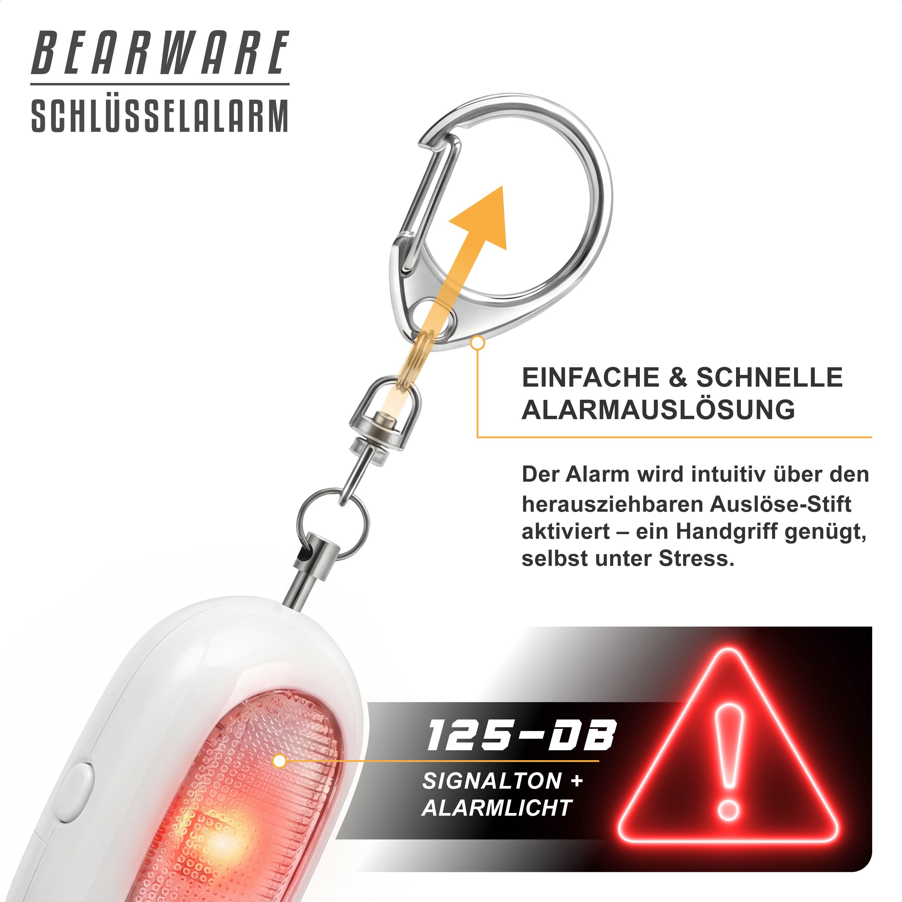 BEARWARE Persönlicher Alarm, Personenalarm, Schlüsselanhänger 125 dB, LED Licht Überfallmelder (Taschenalarm, Sirene, Auslösung per Splint, Taschenlampe, kompakt)