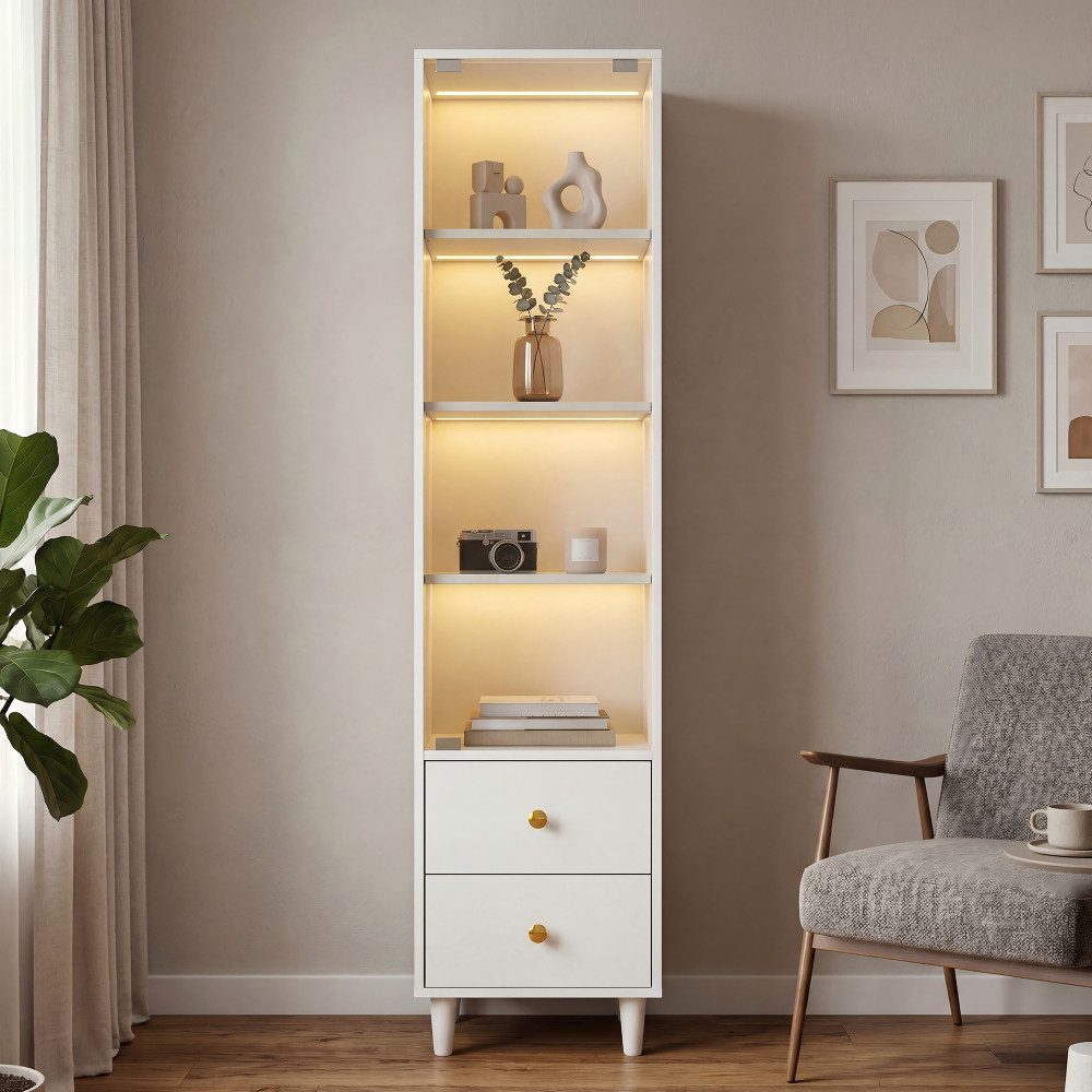 BBWL Vitrine mit LED-Beleuchtung, Bücherschrank aus Holz, Glastür & 2 Schubladen (Vitrinen-Hochschrank, Retro-Design mit goldfarbenen Griffen)